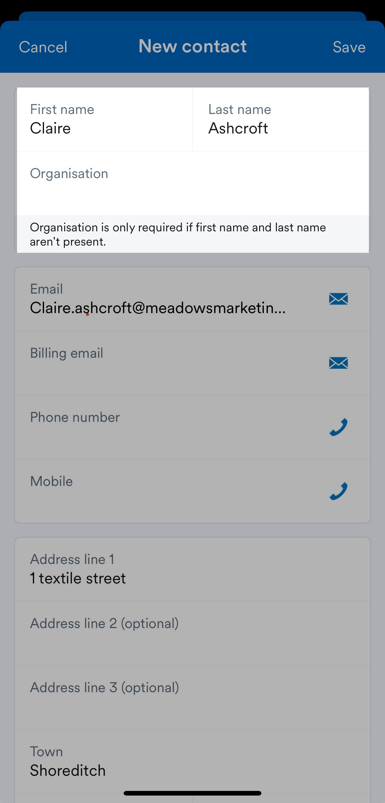 Fields for 'First name', 'Last name', and 'Organisation'.