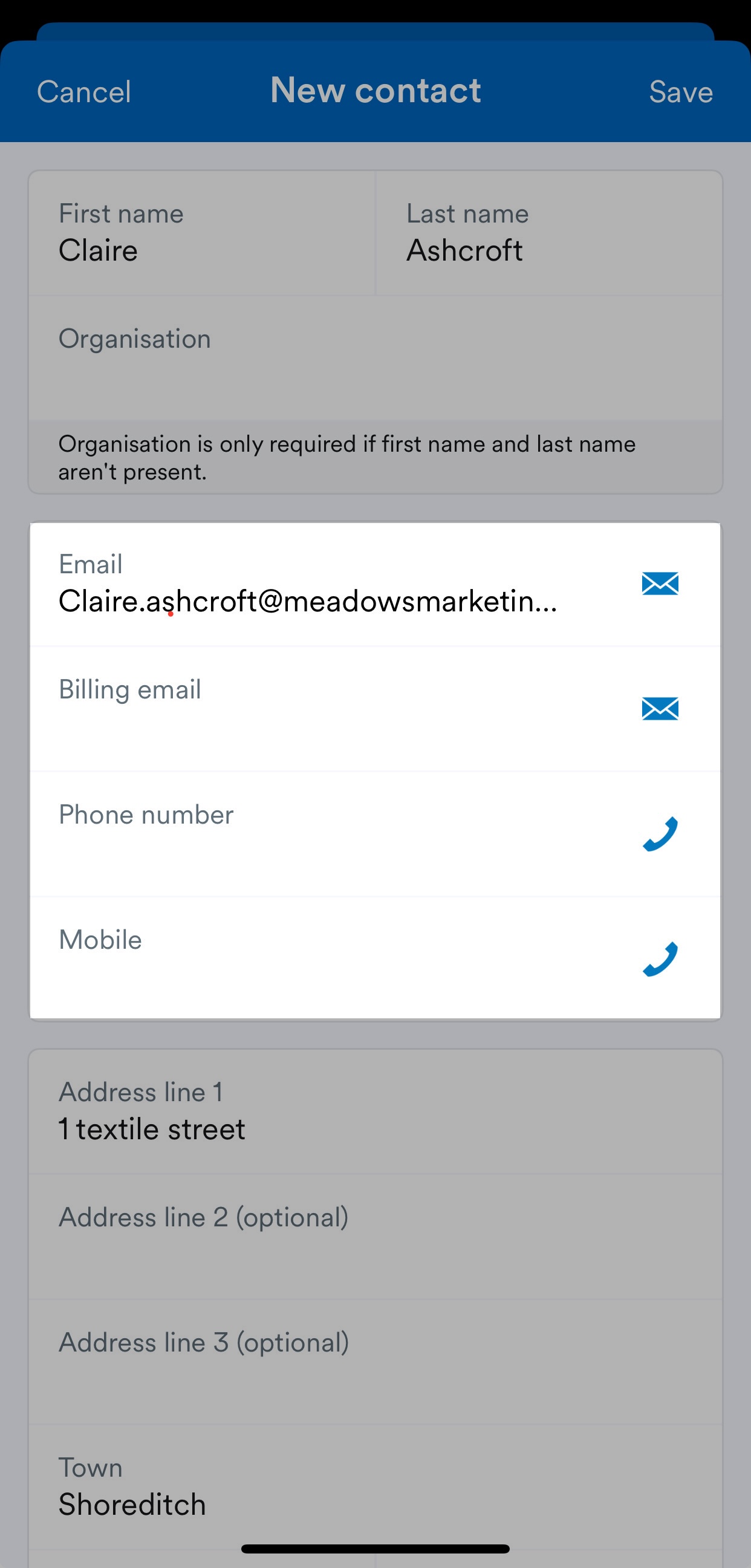 Fields for 'Email', 'Billing email', 'Phone number' and 'Mobile'.