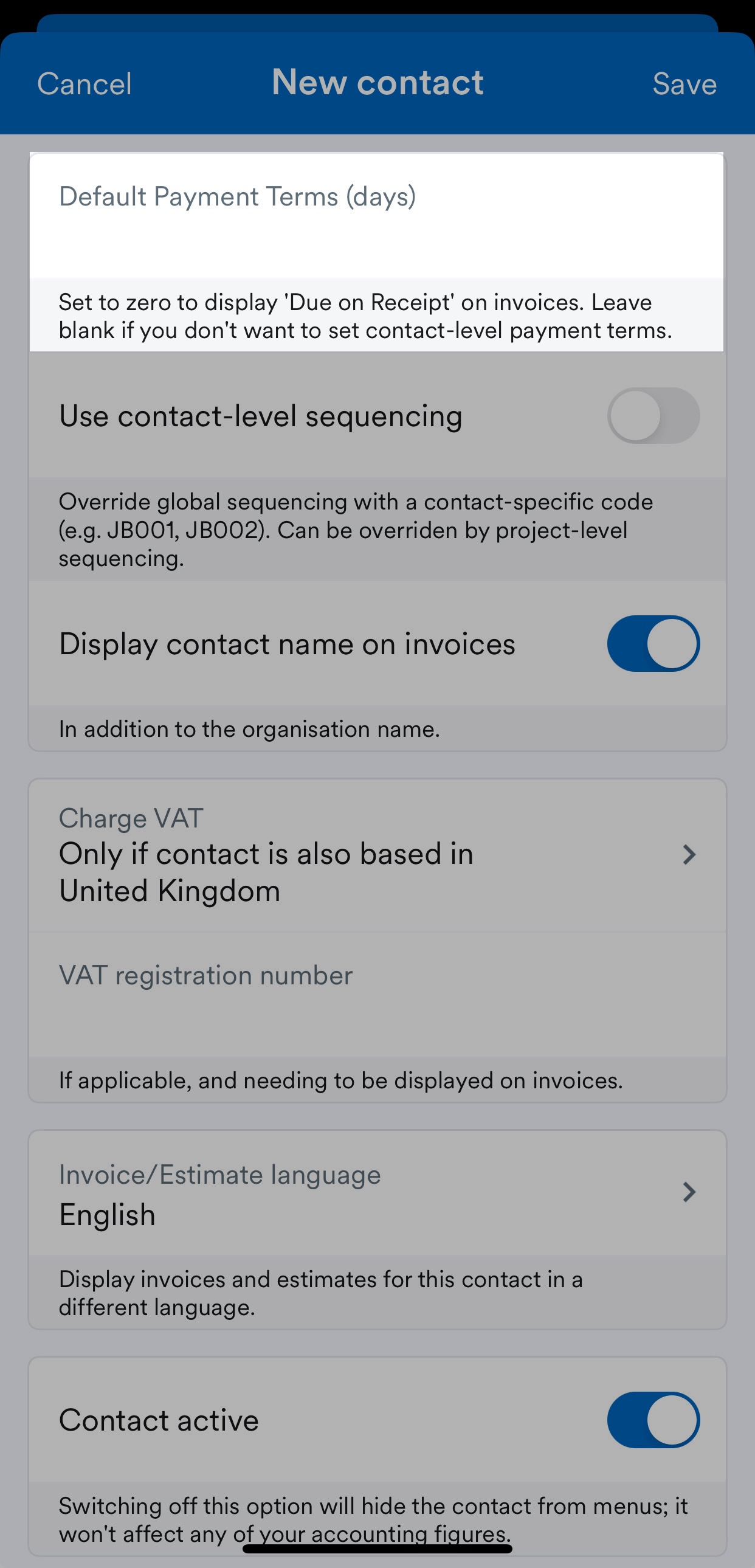 Default payment terms field highlighted.