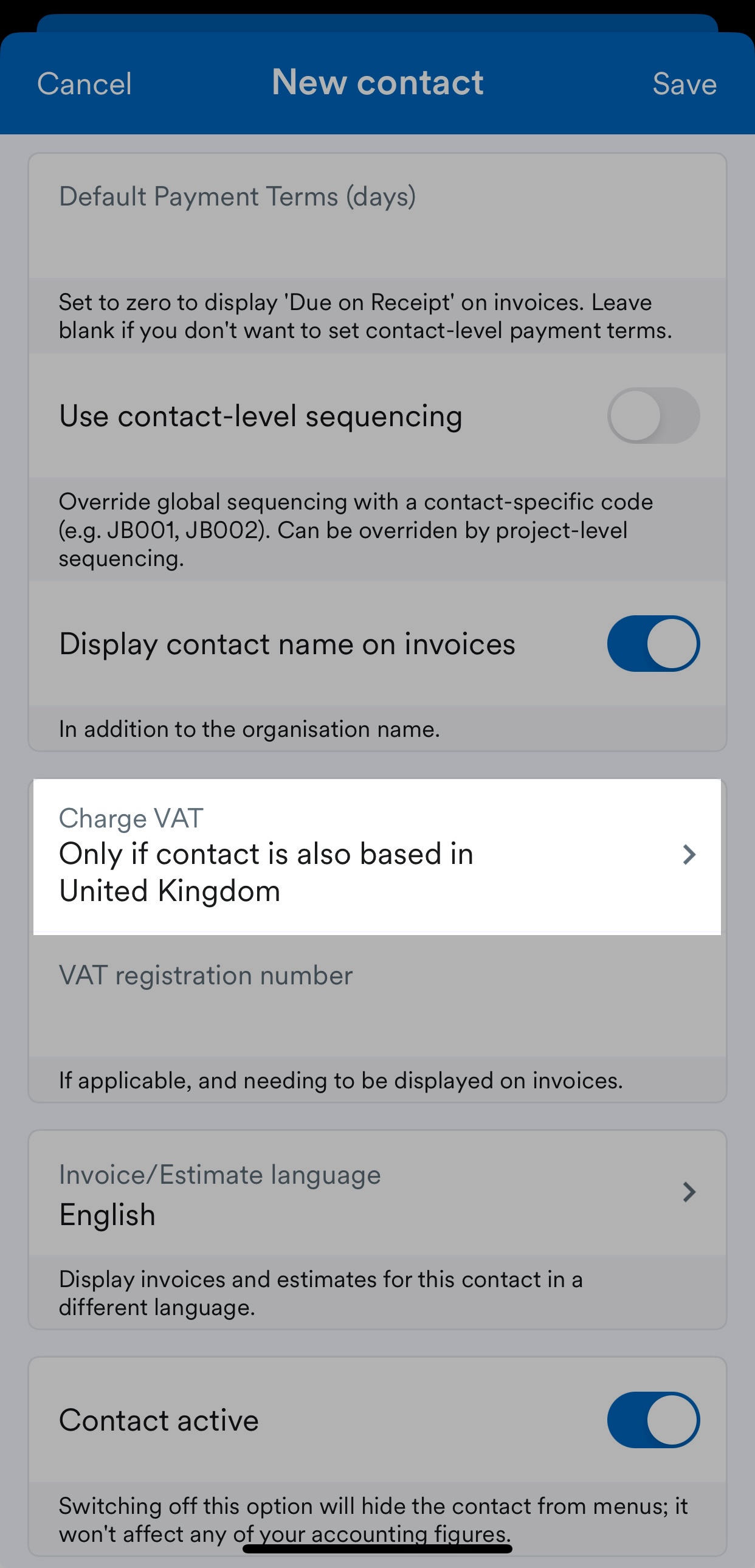 'Charge VAT' highlighted in Contact screen.