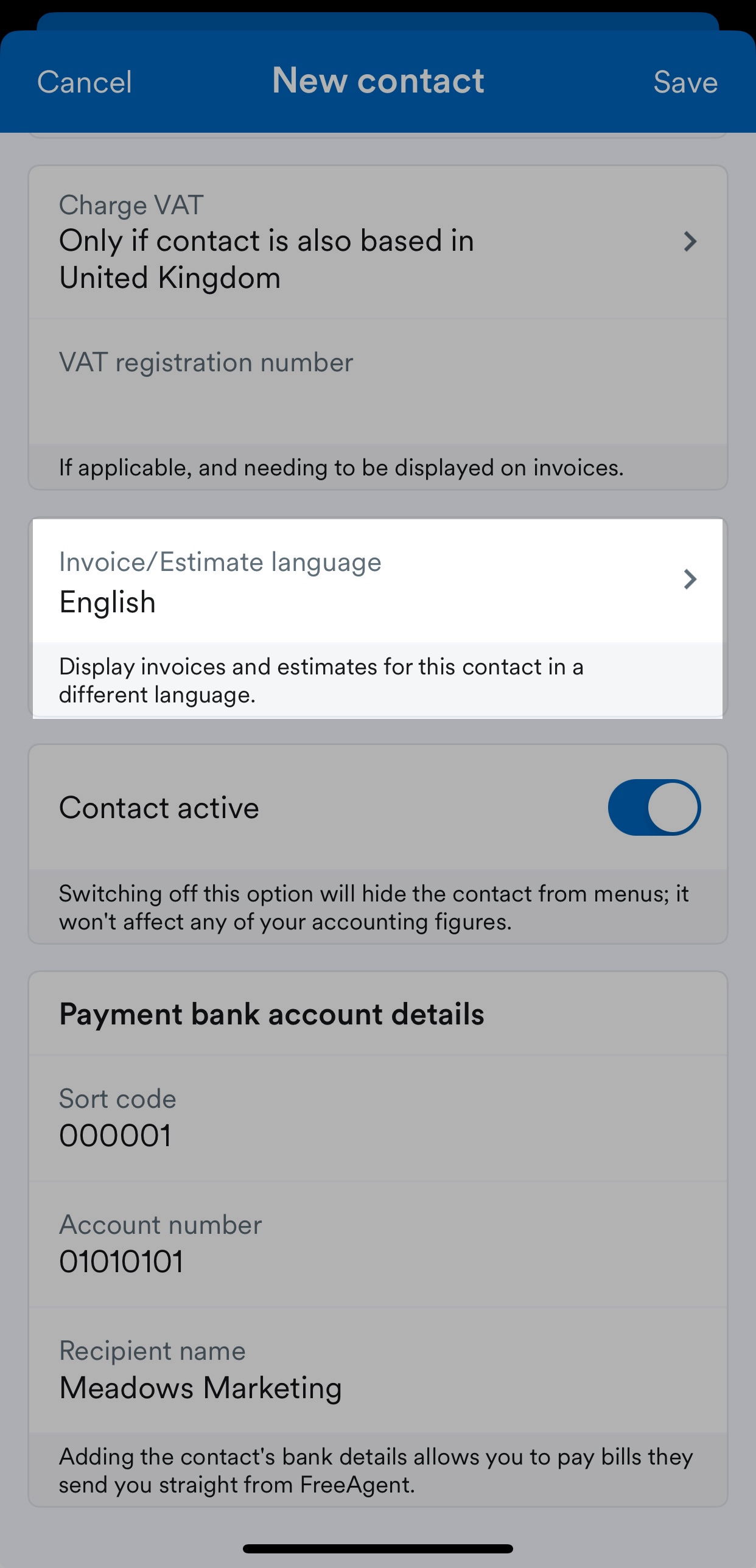 Field for entering invoice and estimate langauge.