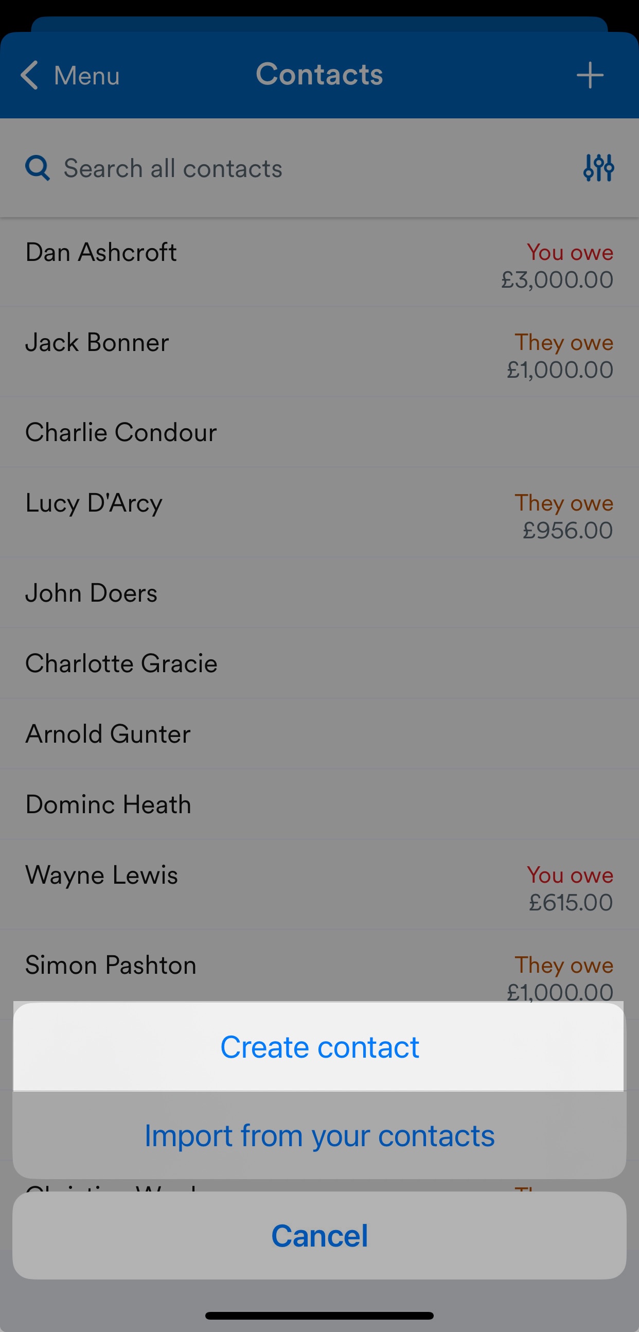 'Create contact' highlighted in the menu.