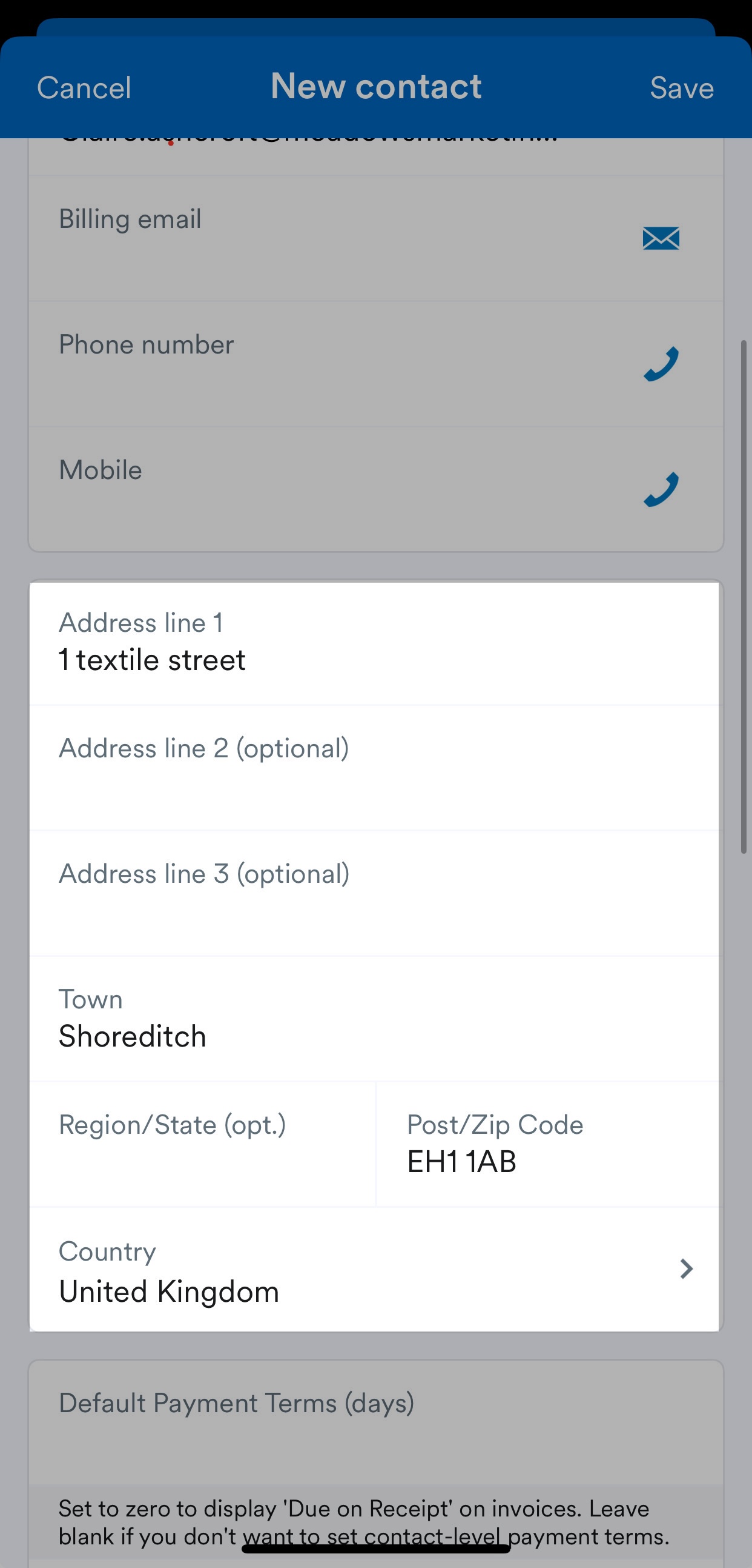 Fields for address details.