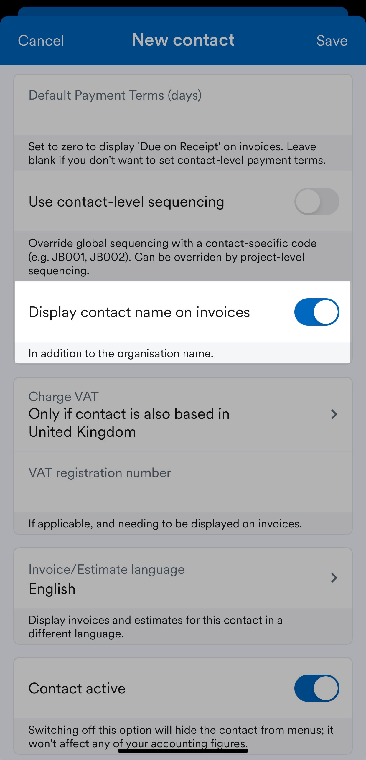 Toggle to 'display contact name on invoices'.