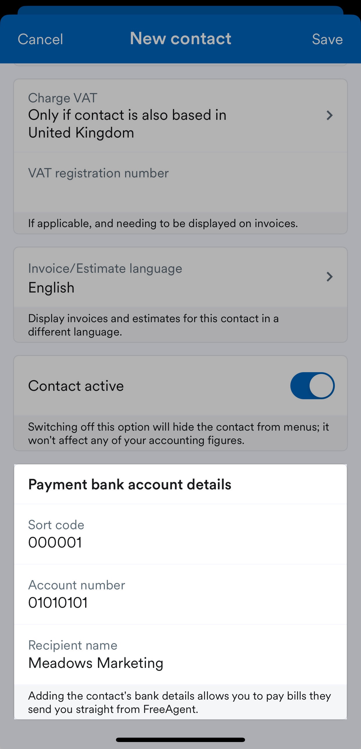 Fields for entering contact's bank details.