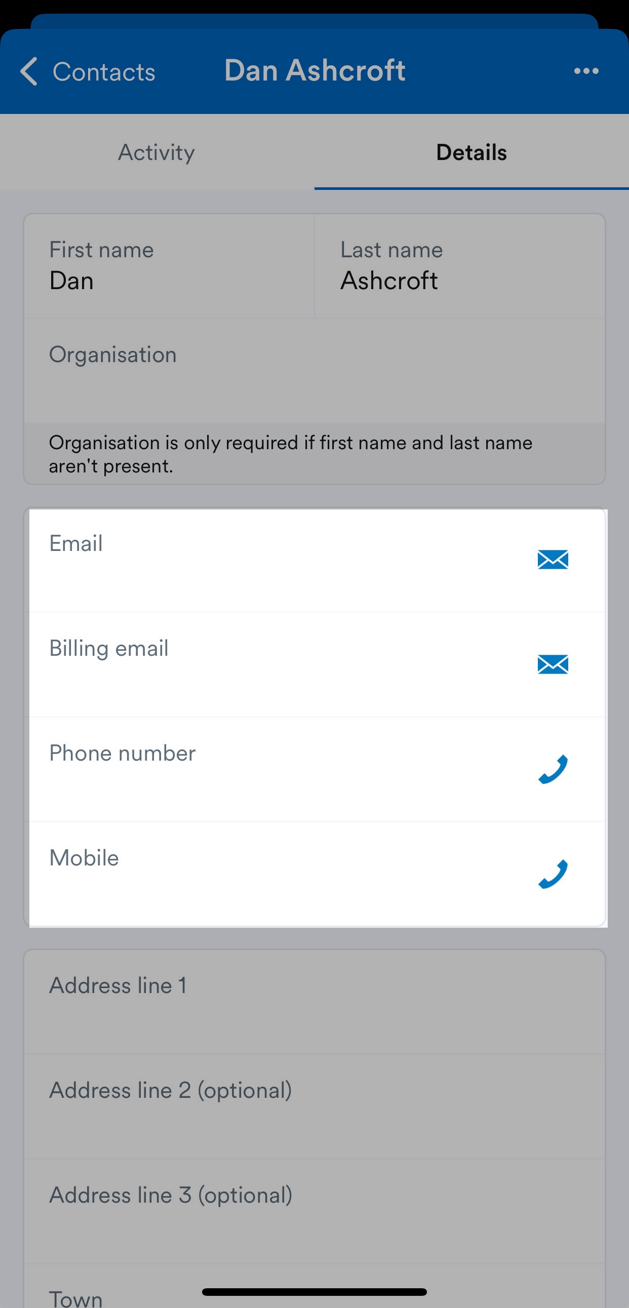 Fields for 'Email', 'Billing email', 'Phone number' and 'Mobile'.