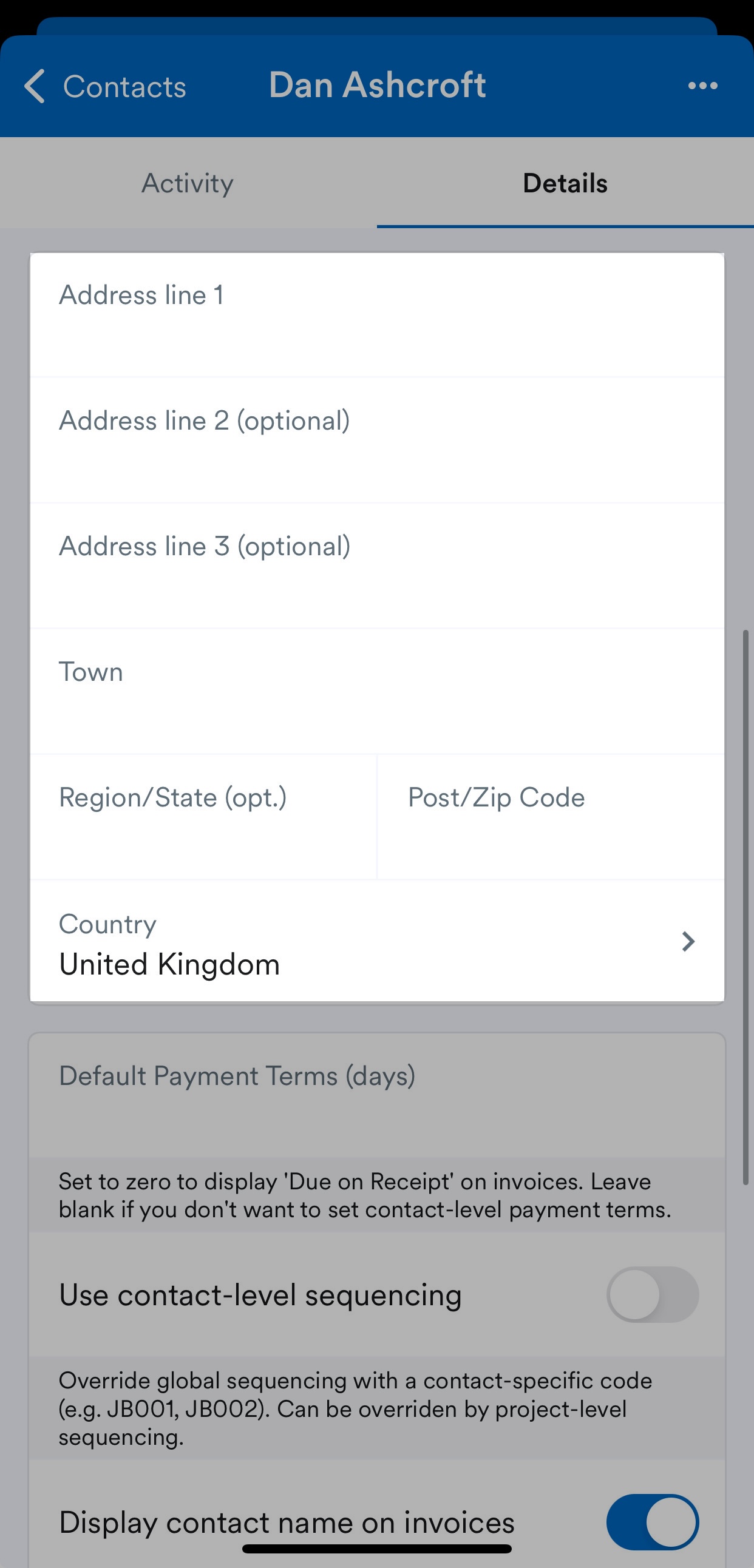 Fields for address details.