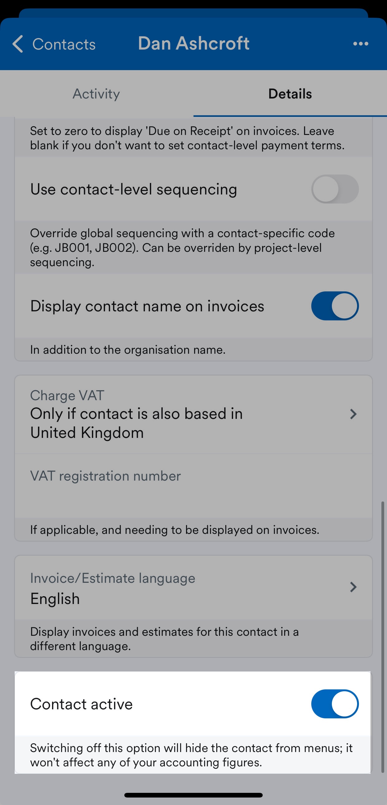 Toggle for Contact active.
