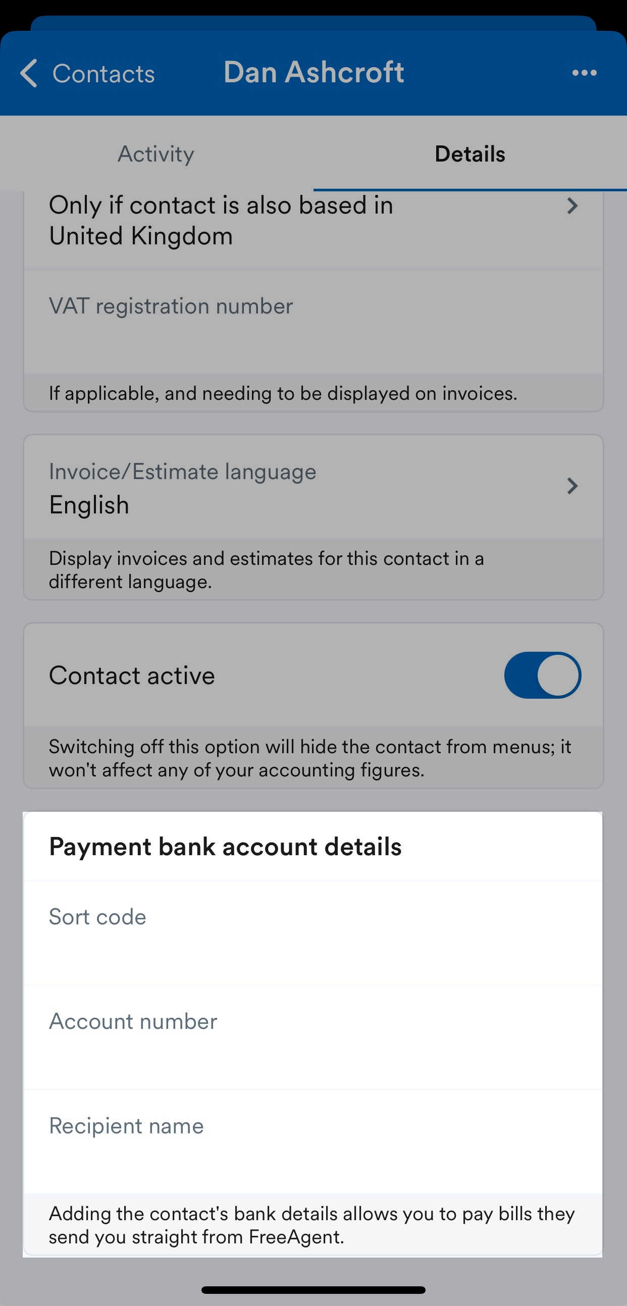 Payment bank account details section.