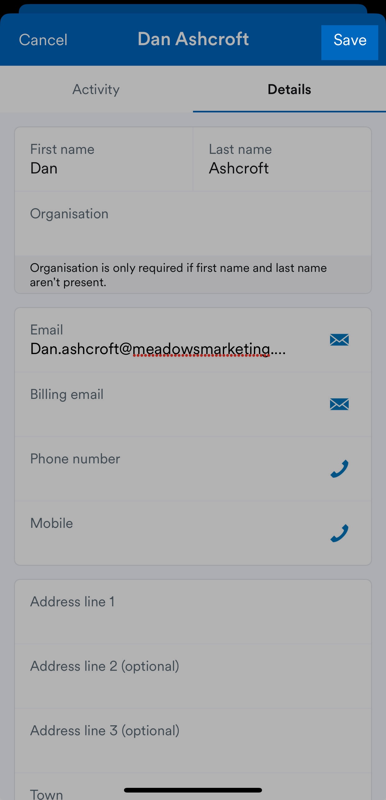 'Save' button highlighted on contact screen.