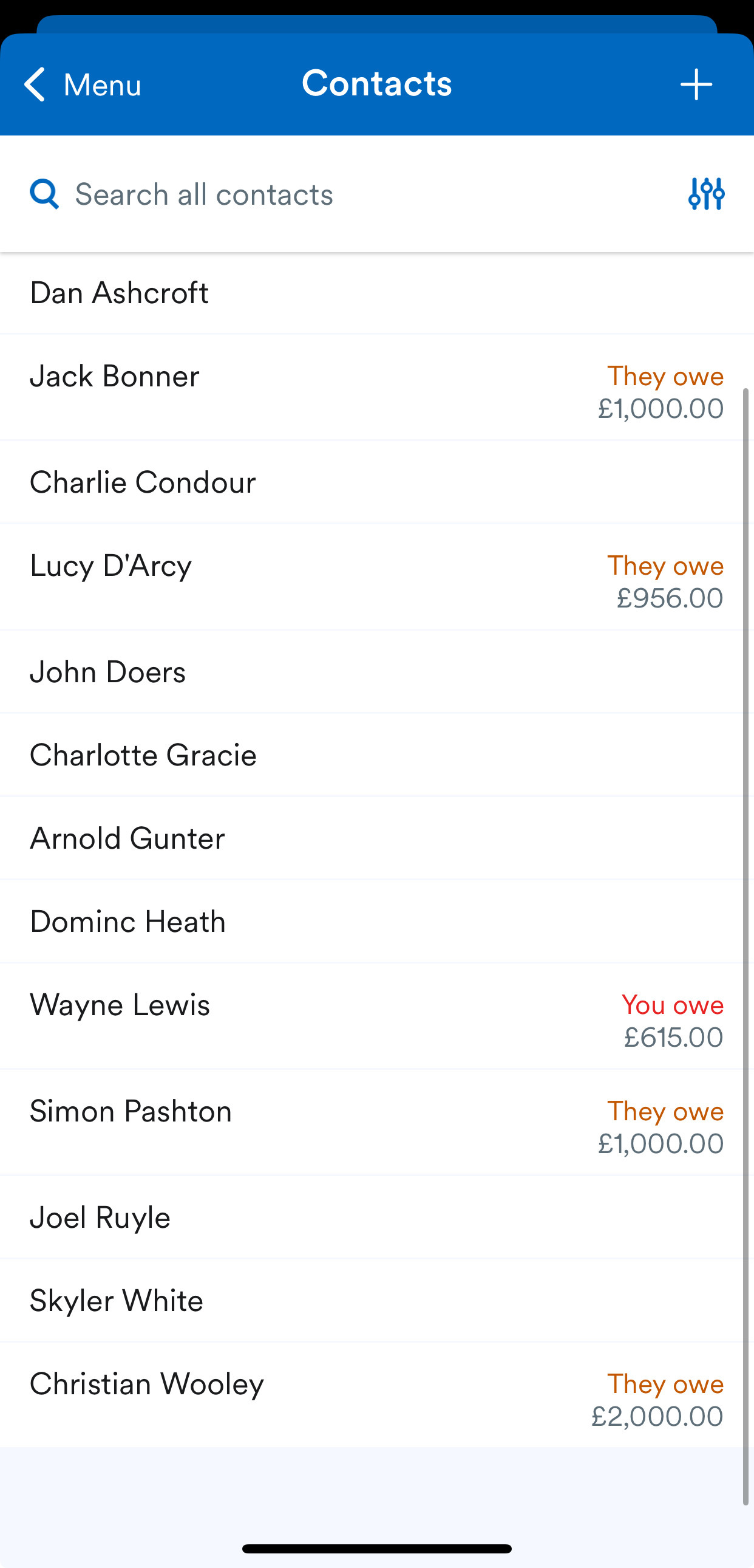 List of contacts.