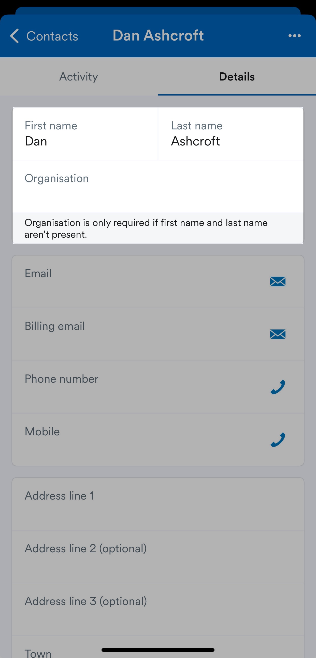 Fields for entering contact details