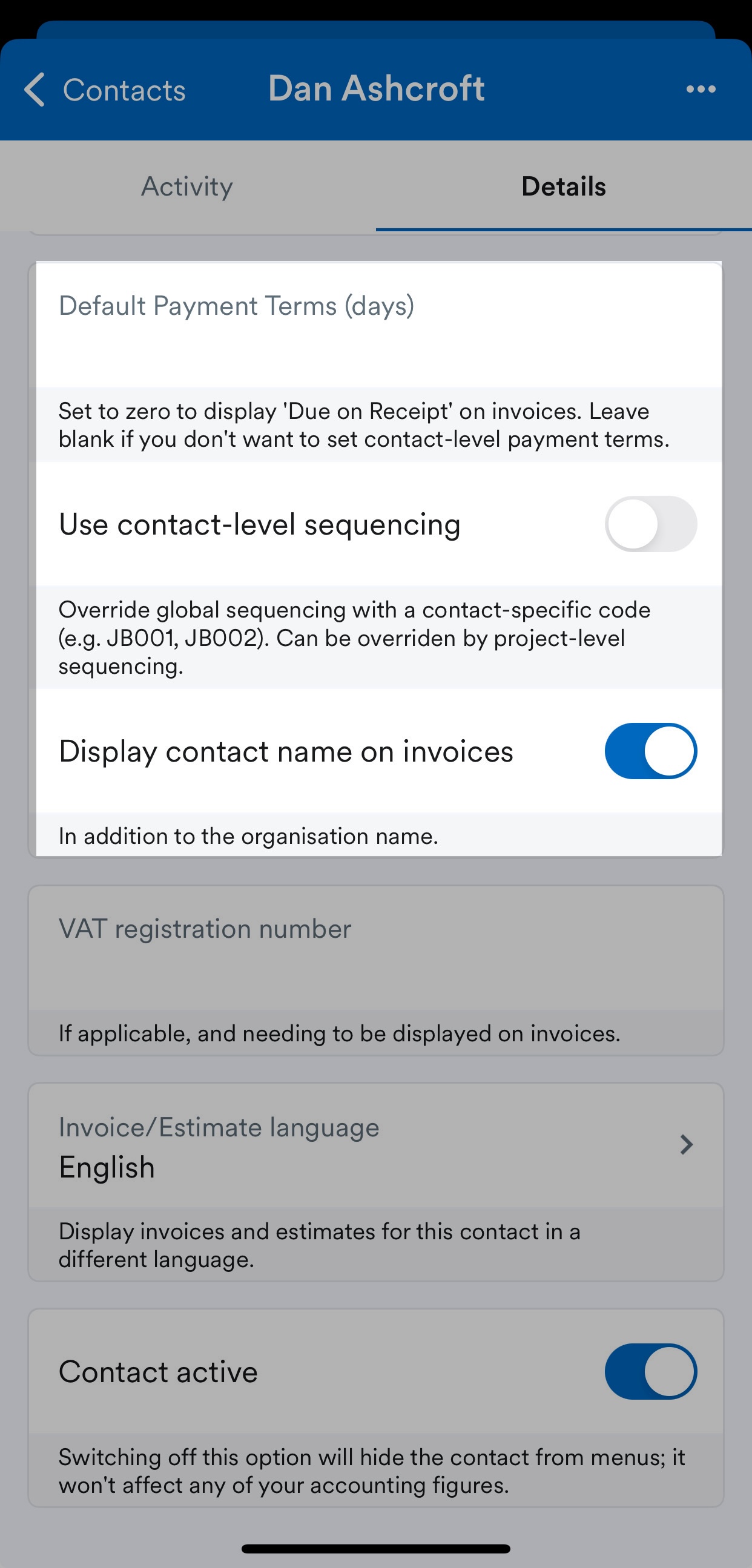 Fields for entering invoicing options