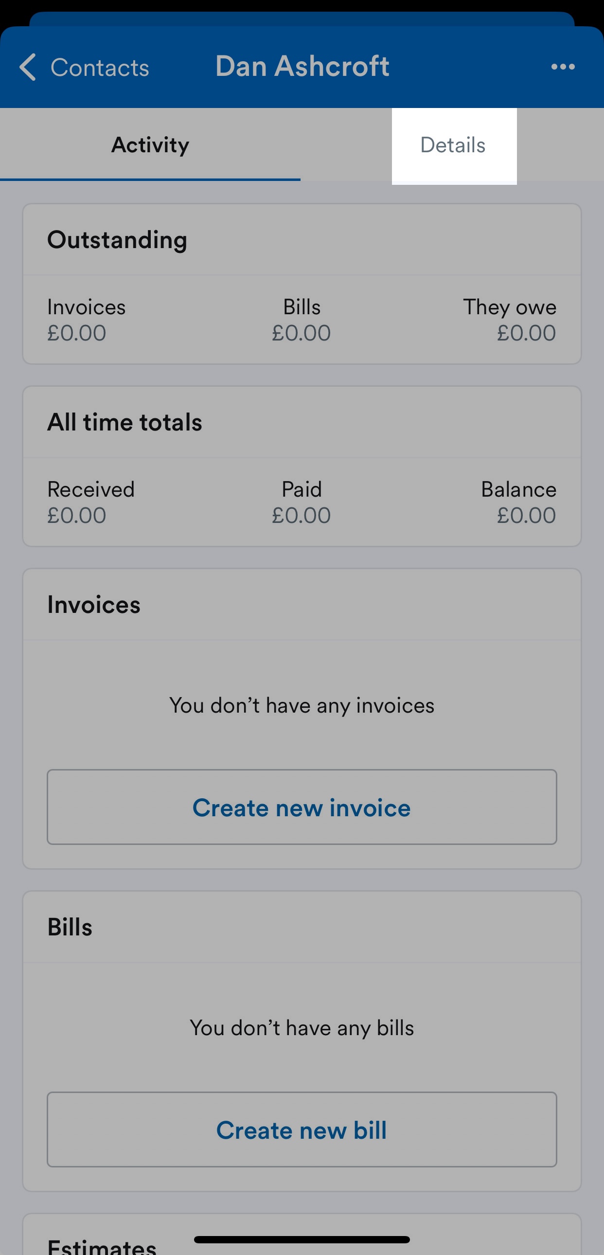 Details' tab highlighted on contact screen.