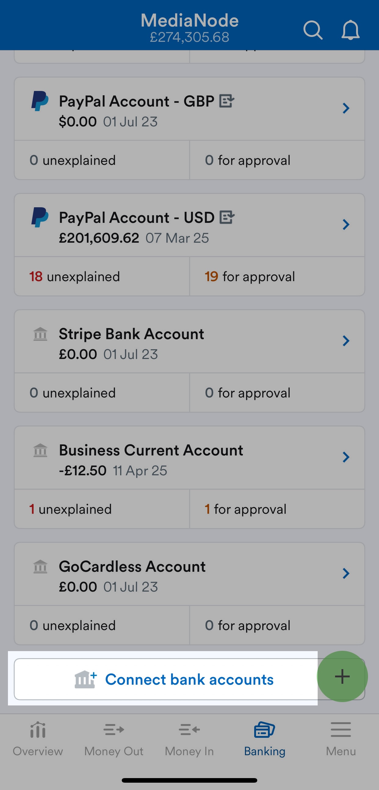 'Connect bank accounts' button highlighted on banking screen.