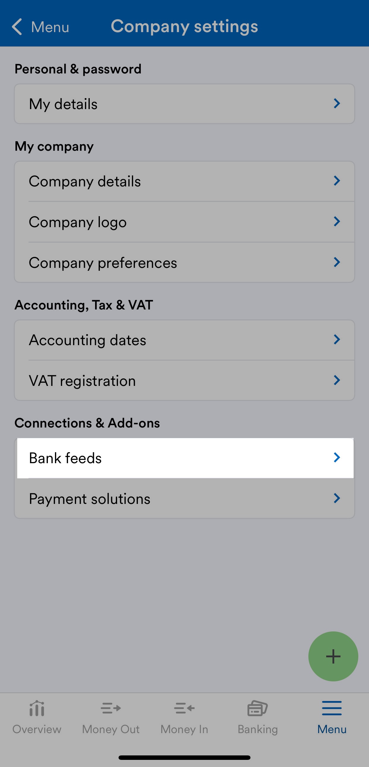 Bank feeds' button highlighted on business name screen.