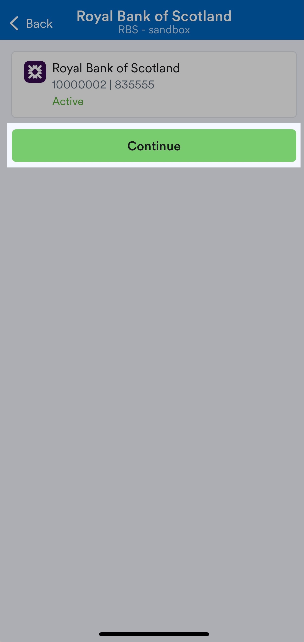 'Continue' button highlighted on bank feed screen.