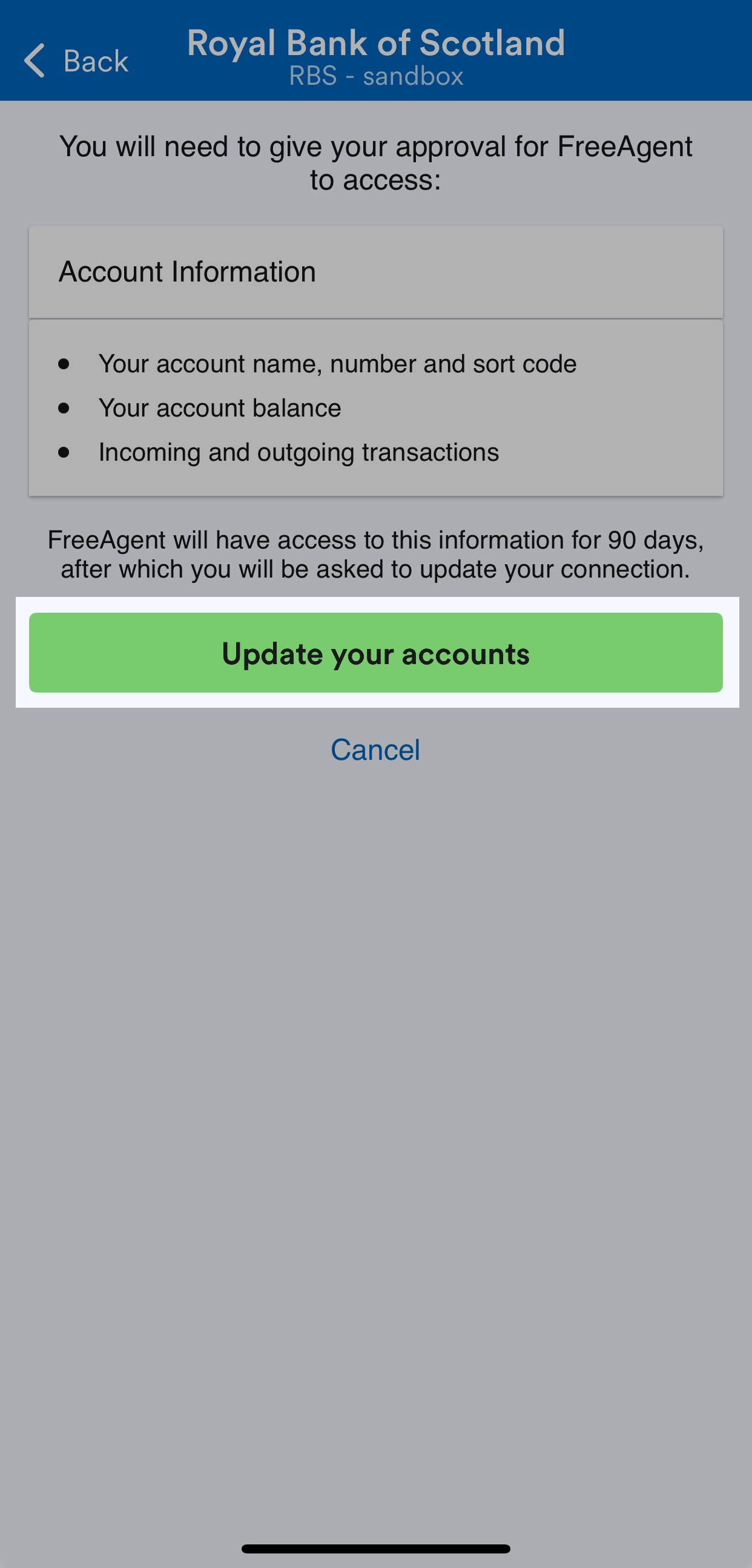 Update your accounts' button highlighted on bank feed screen.