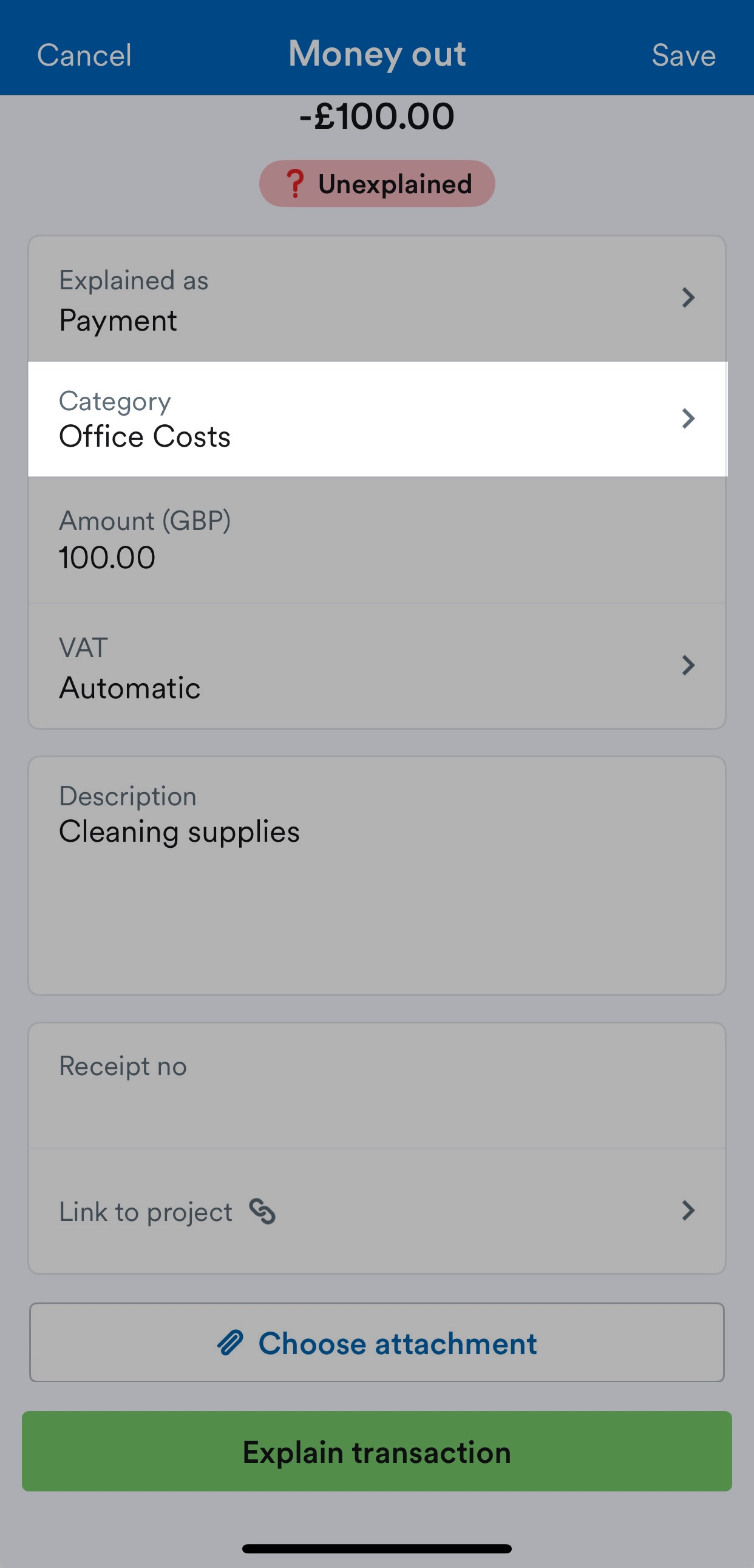 Category field on transaction explanation screen.