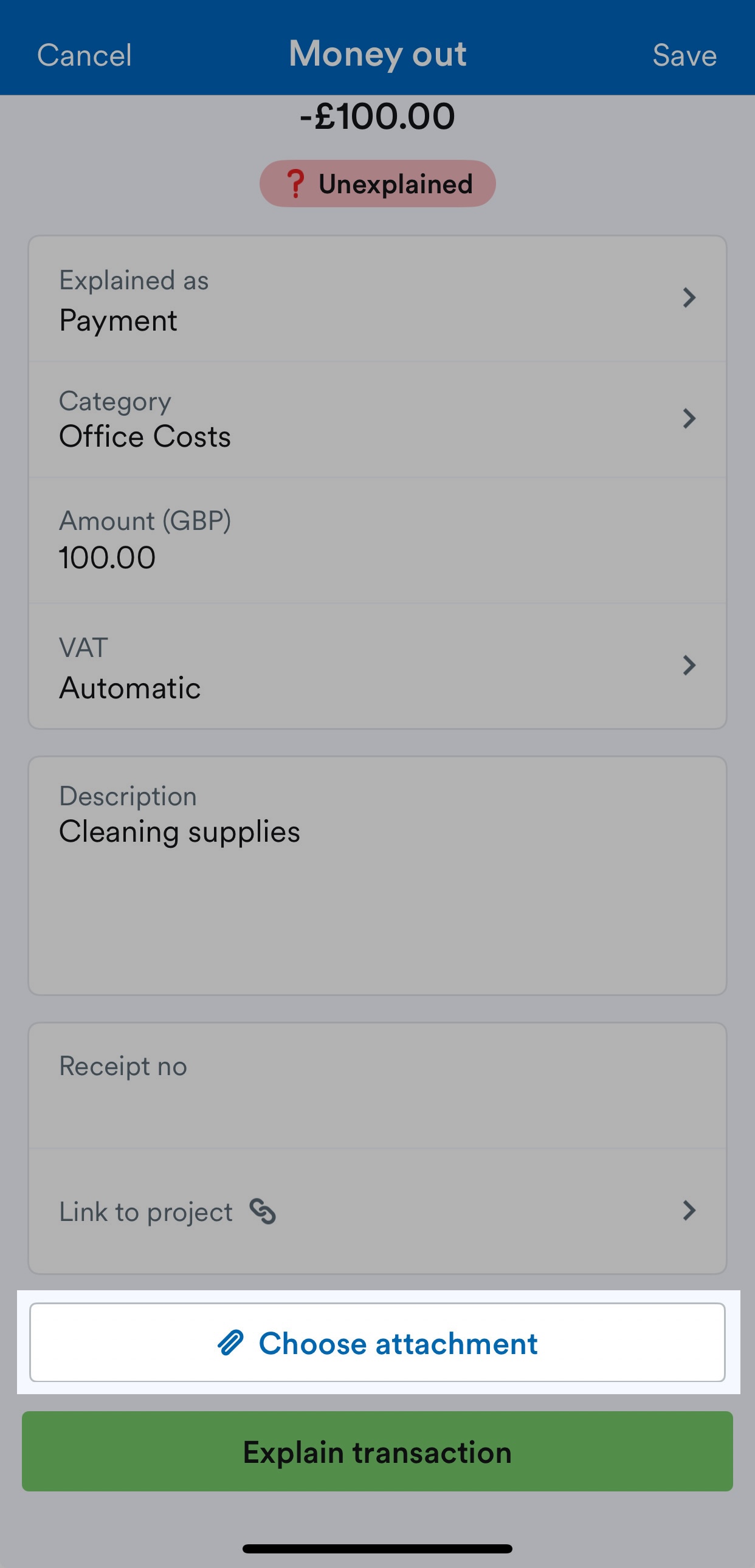 'Add attachment' button highlighted on transaction explanation screen.