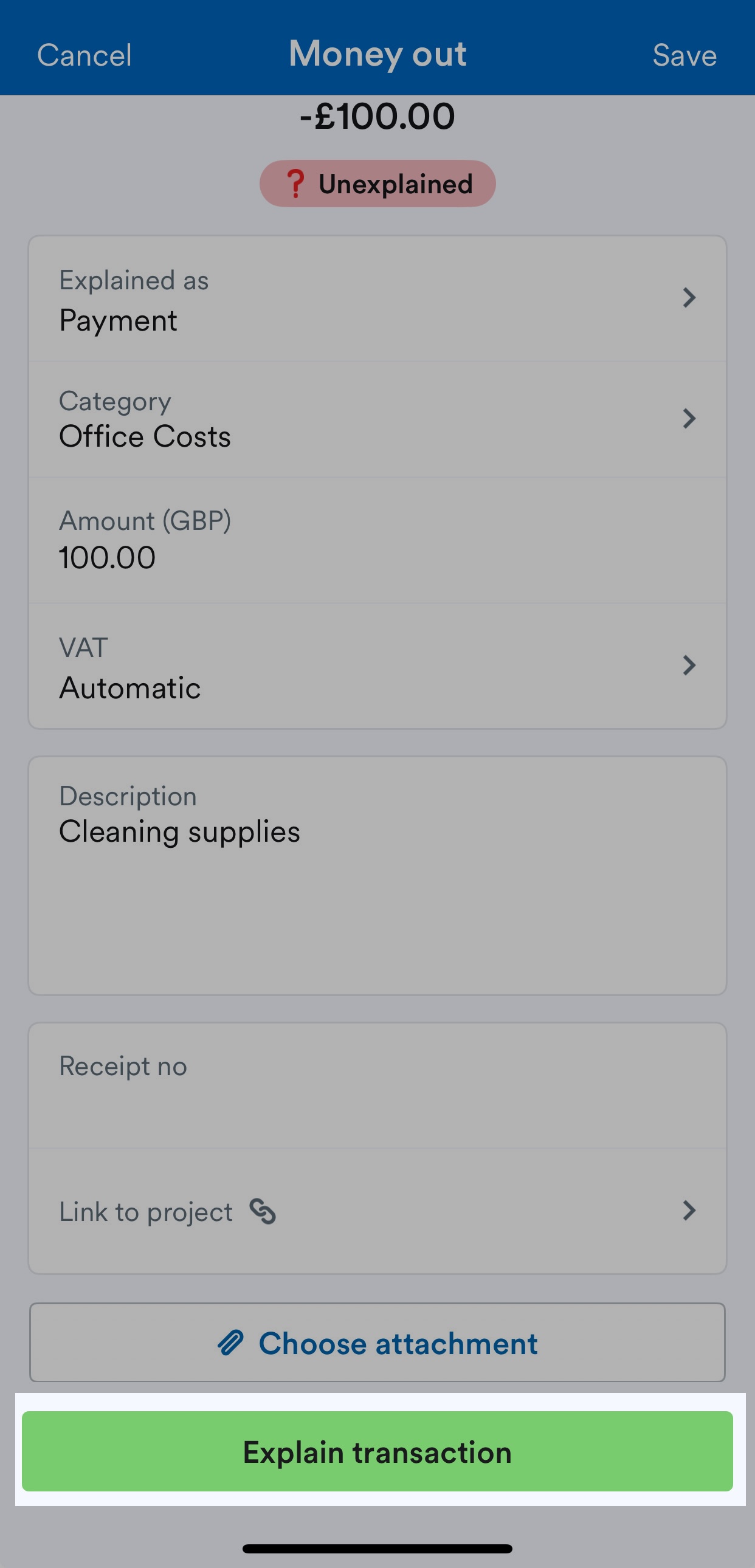 'Explain transaction' button on transaction explanation screen.