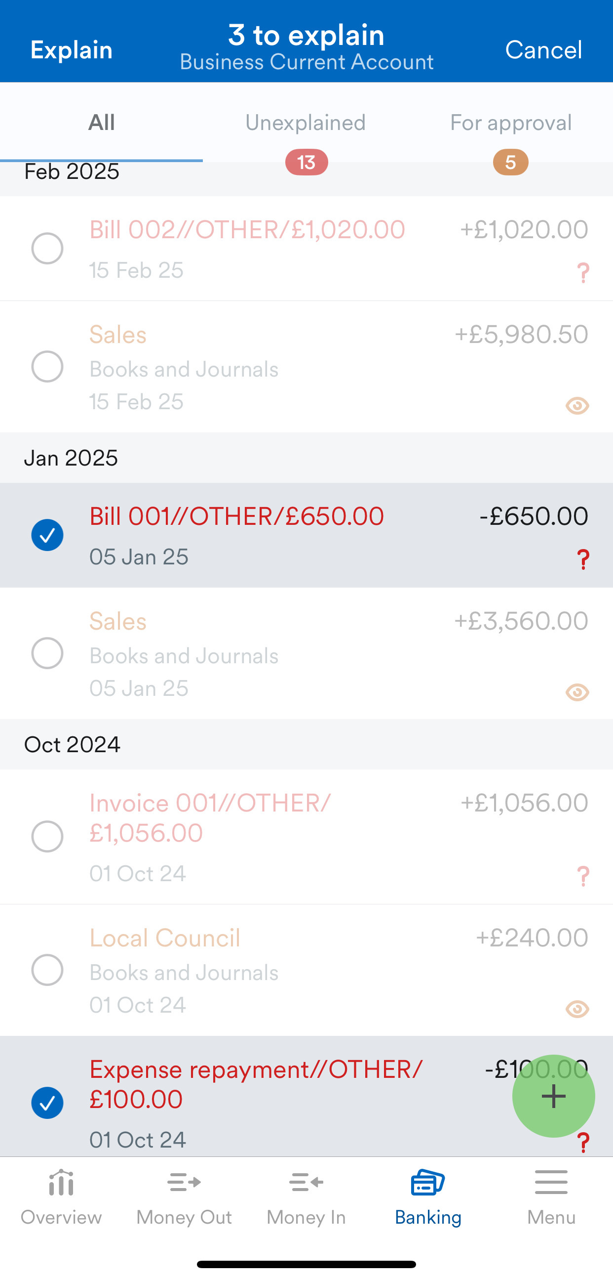 Multiple transactions selected on bank account screen.