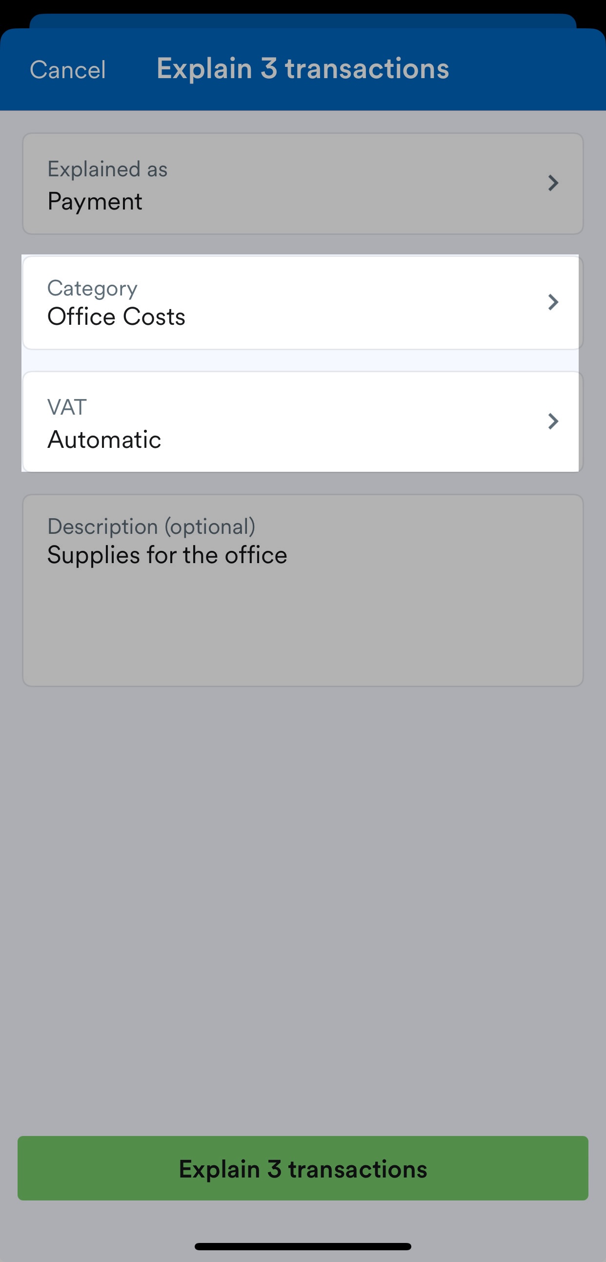 Fields for Category and VAT.