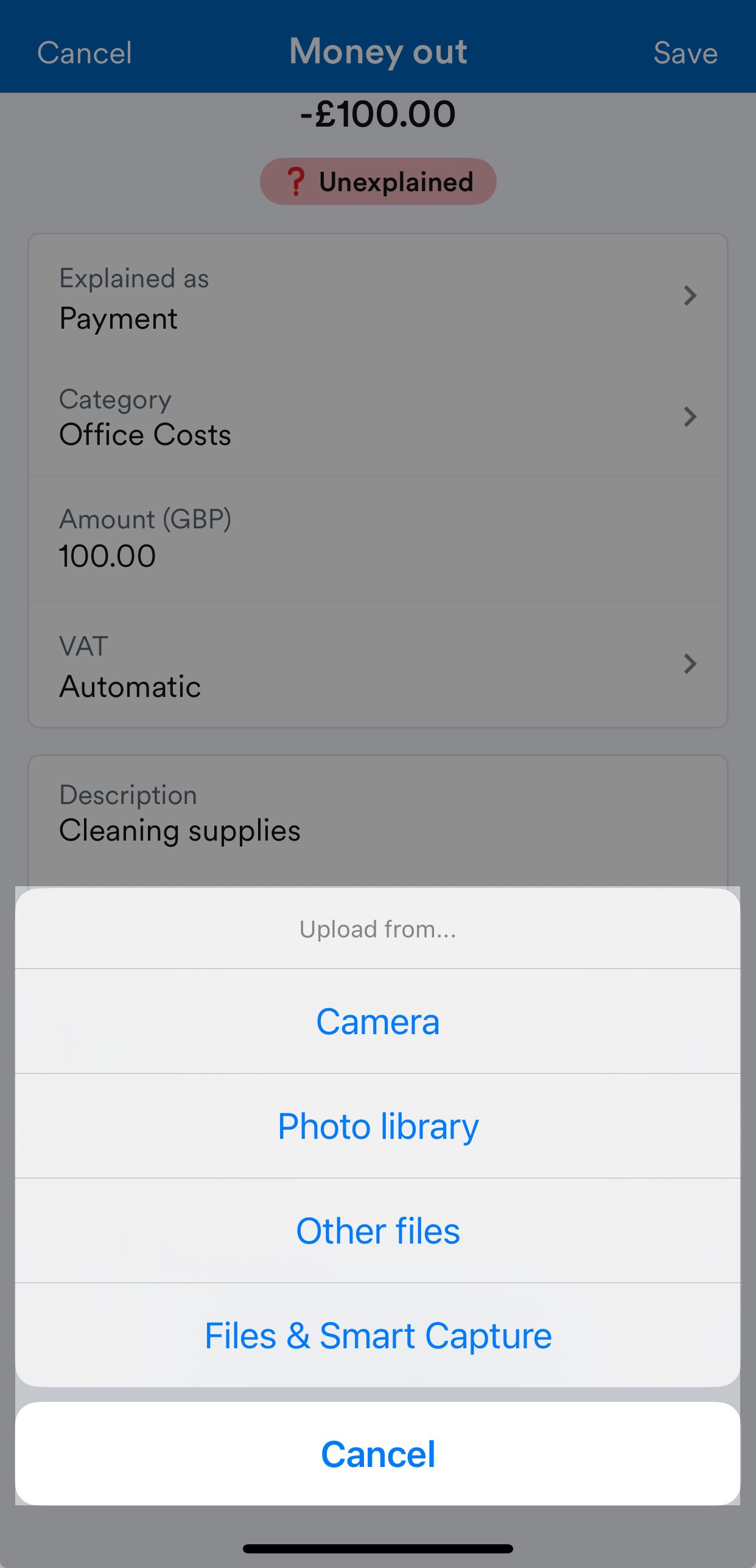 Options for attaching files.