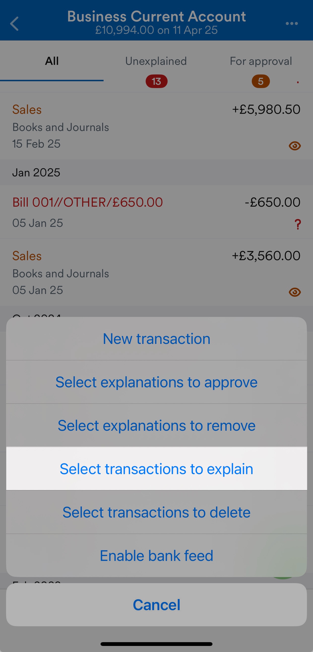 Select transactions to explain' button.