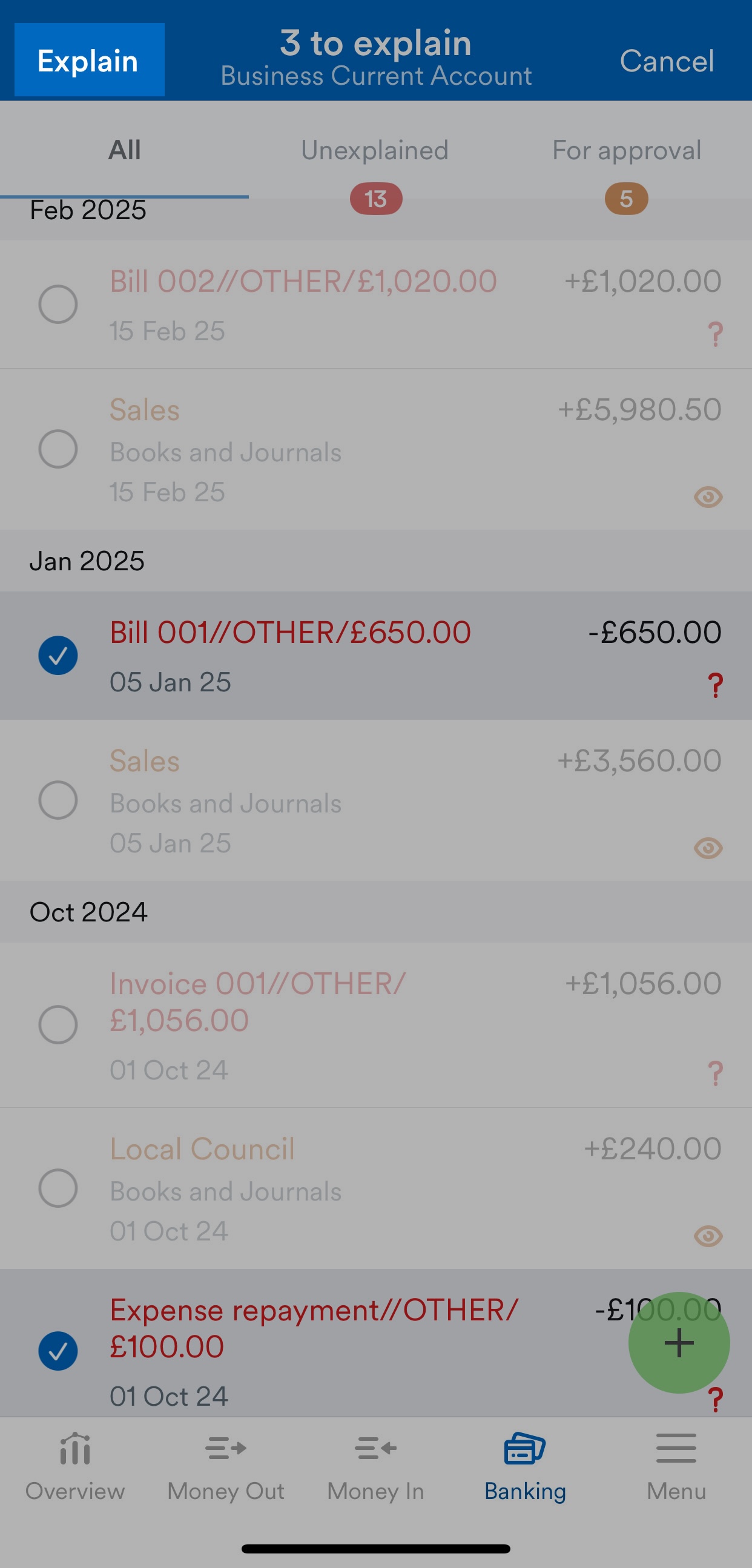 'Explain' button highlighted on bank account screen.