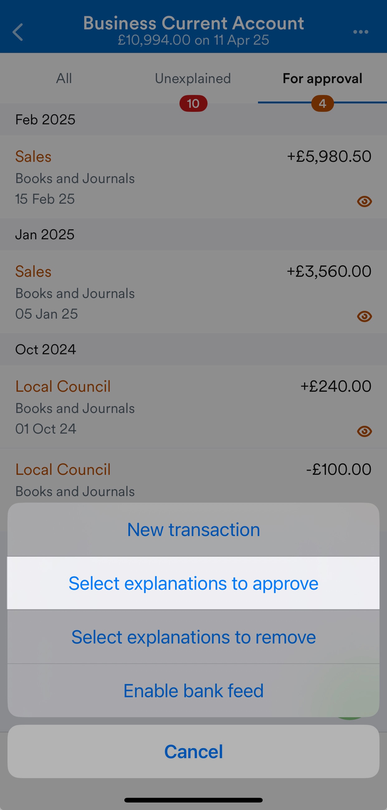 'Select explanations to approve' button highlighted on bank account screen.