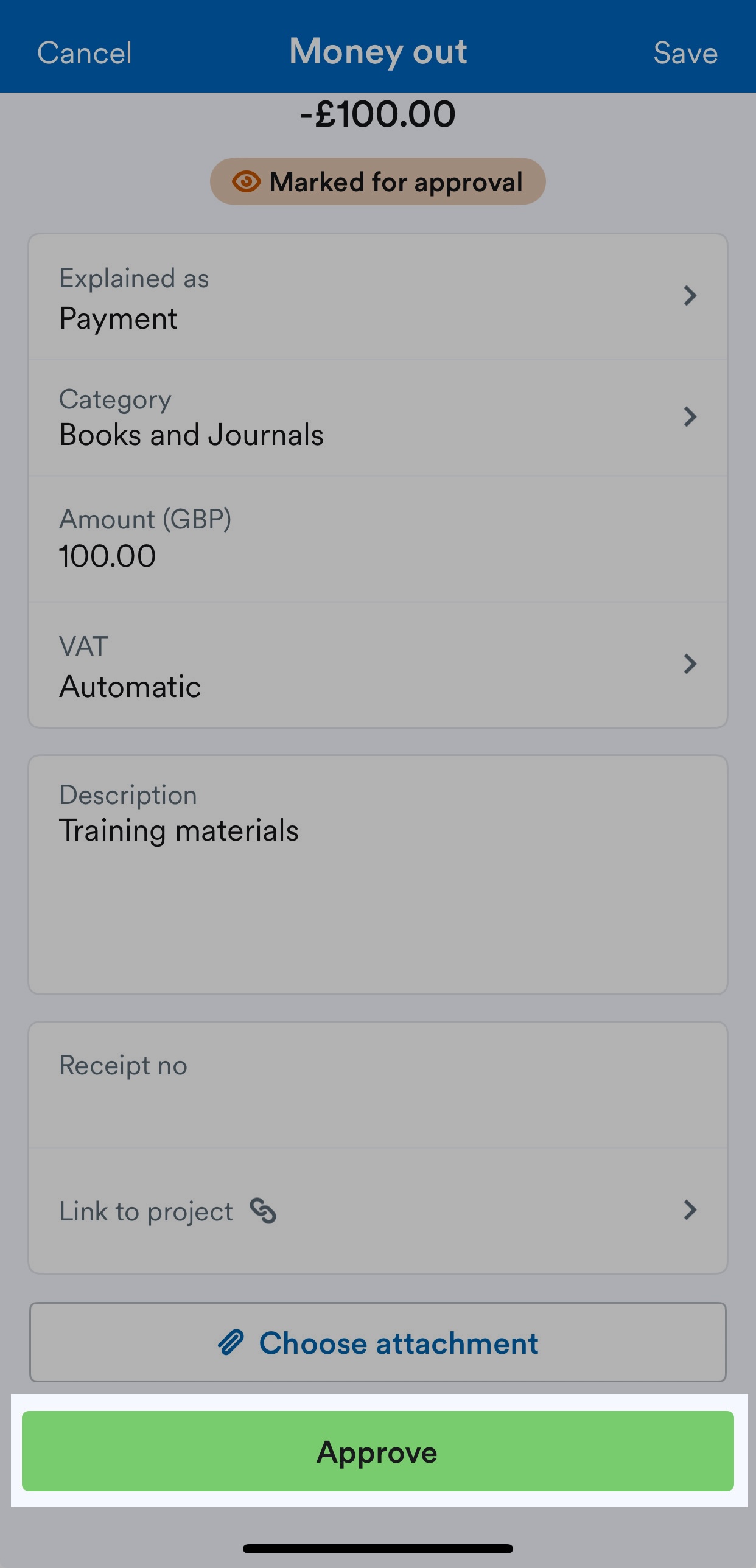 'Approve' button highlighted on transaction explanation screen.