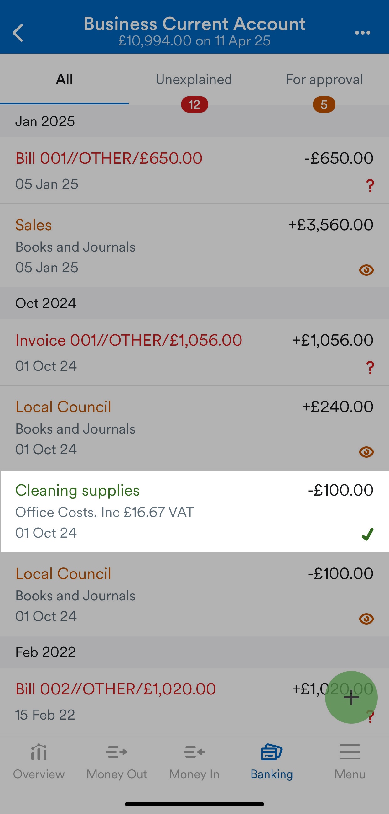 Listed transactions on bank account screen.