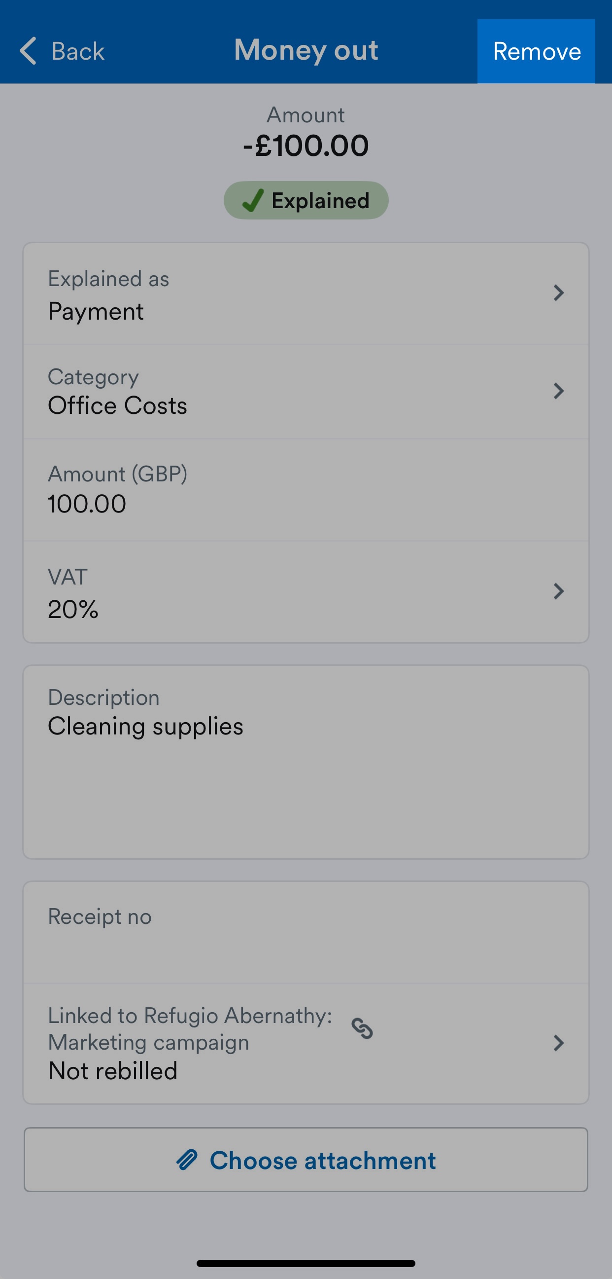 'Remove' button highlighted on transaction explanation page.