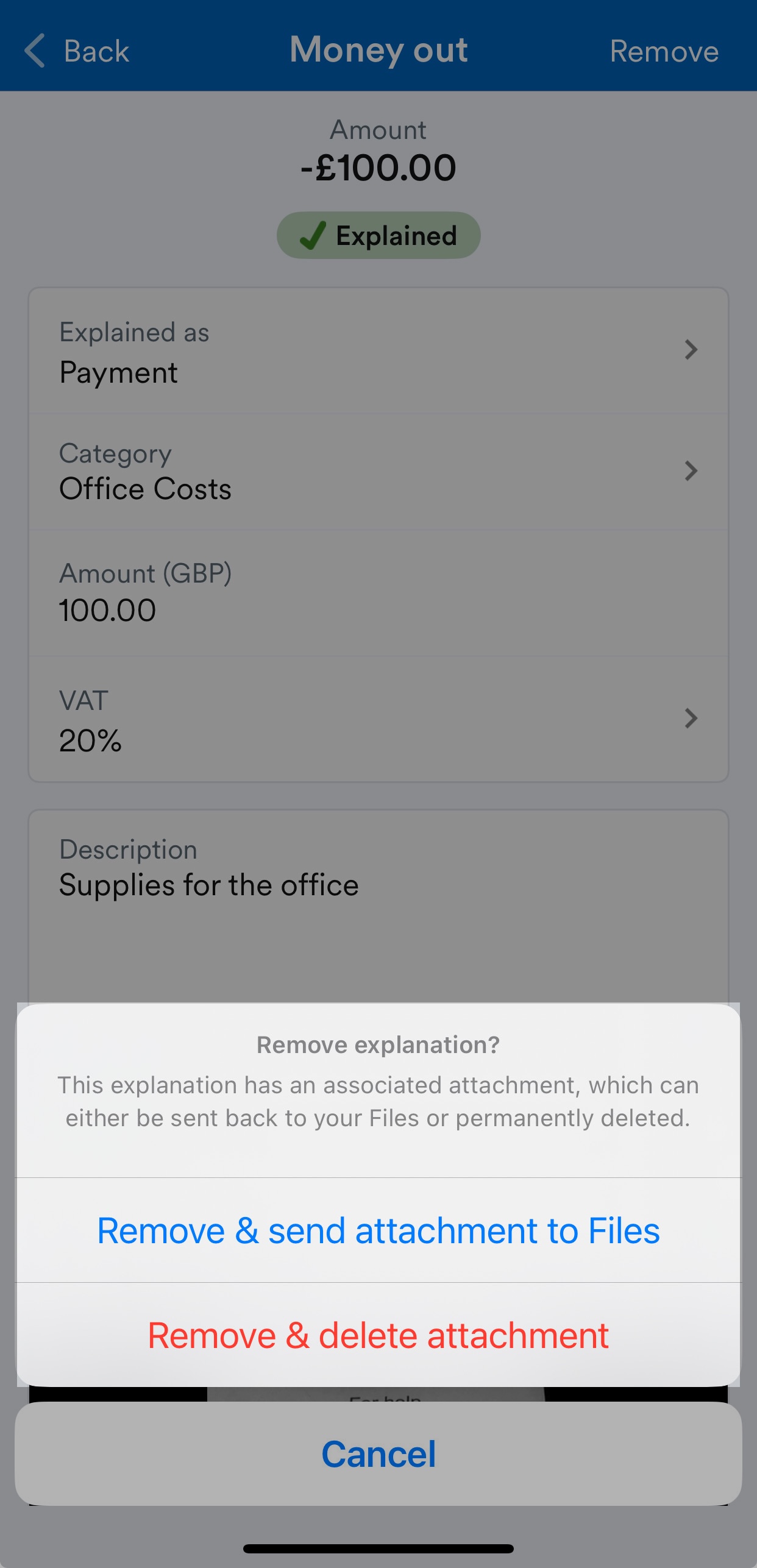 'Remove and send attachment to Files' button on transaction explanation screen.