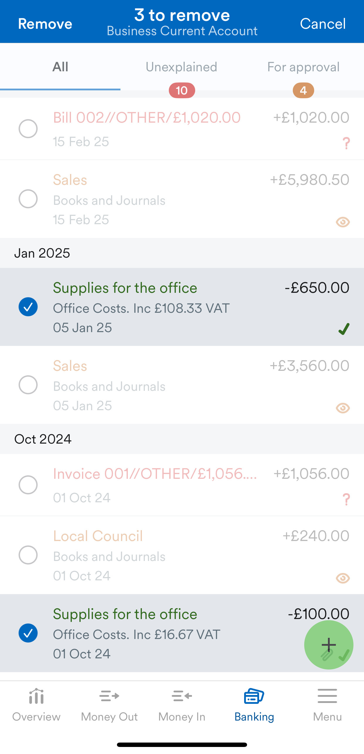 Multiple transactions selected on bank account page.