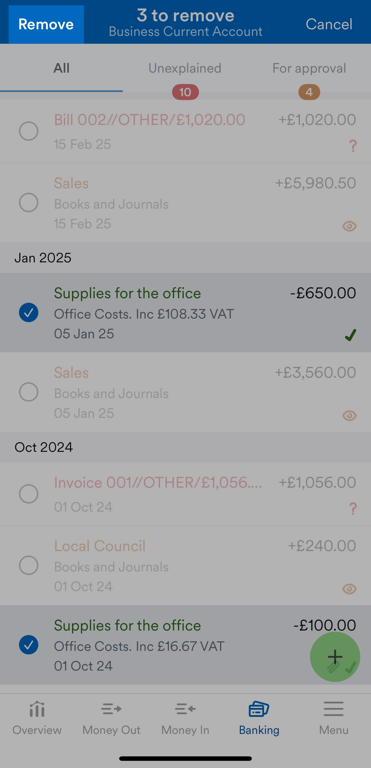 'Remove' button highlighted on bank account screen.