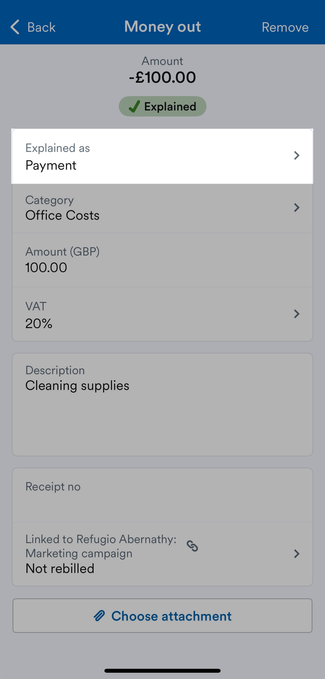 'Explained as' field in transaction explanation screen.
