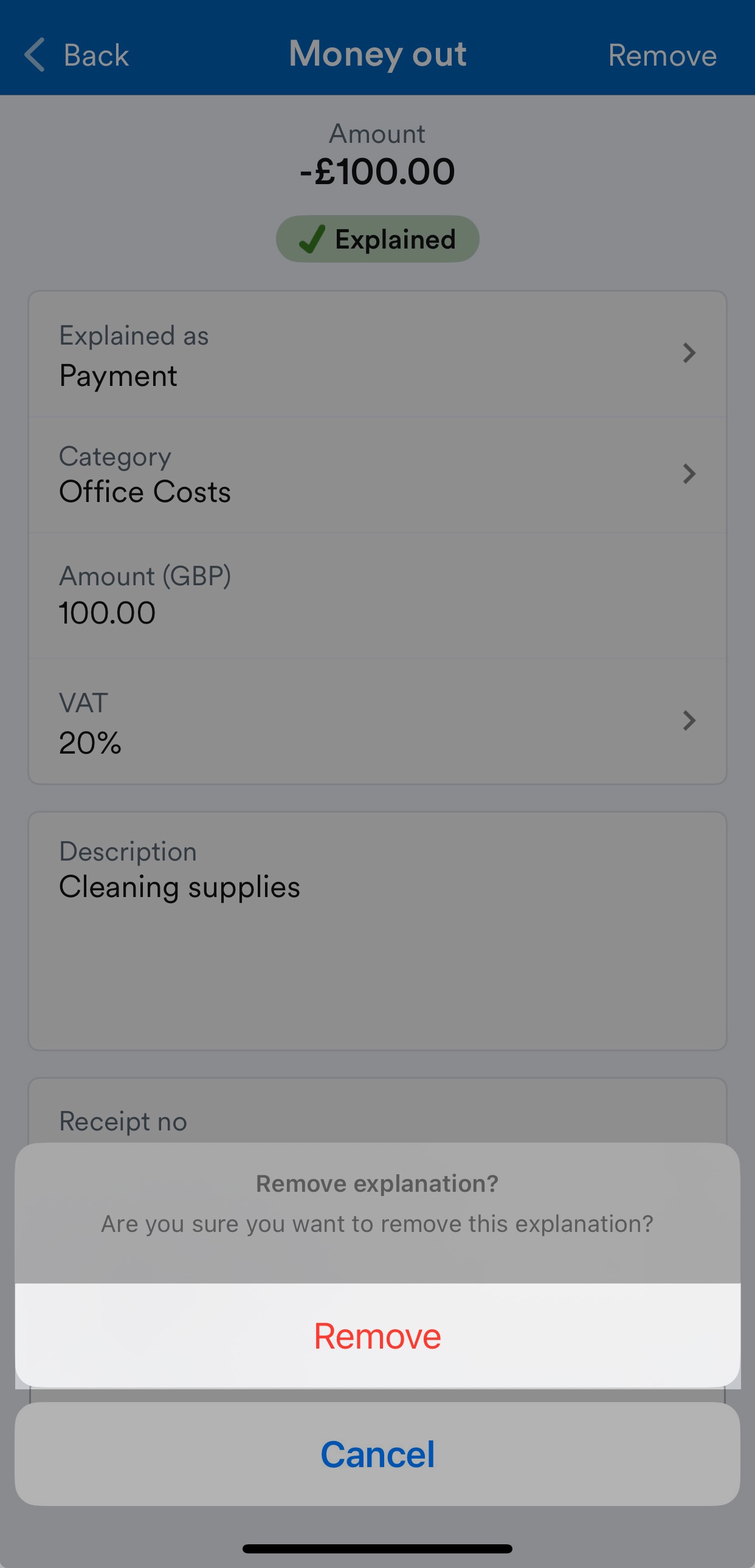 'Remove' button highlighted on transaction explanation page.