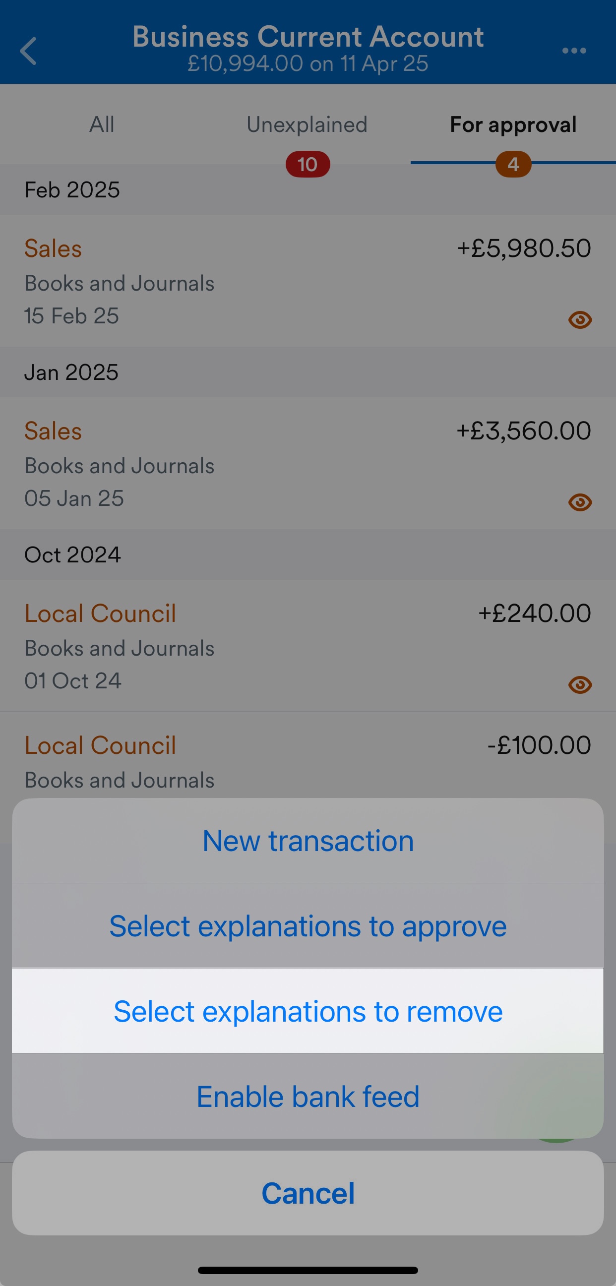 'Select explanations to remove' button highlighted on bank account page.
