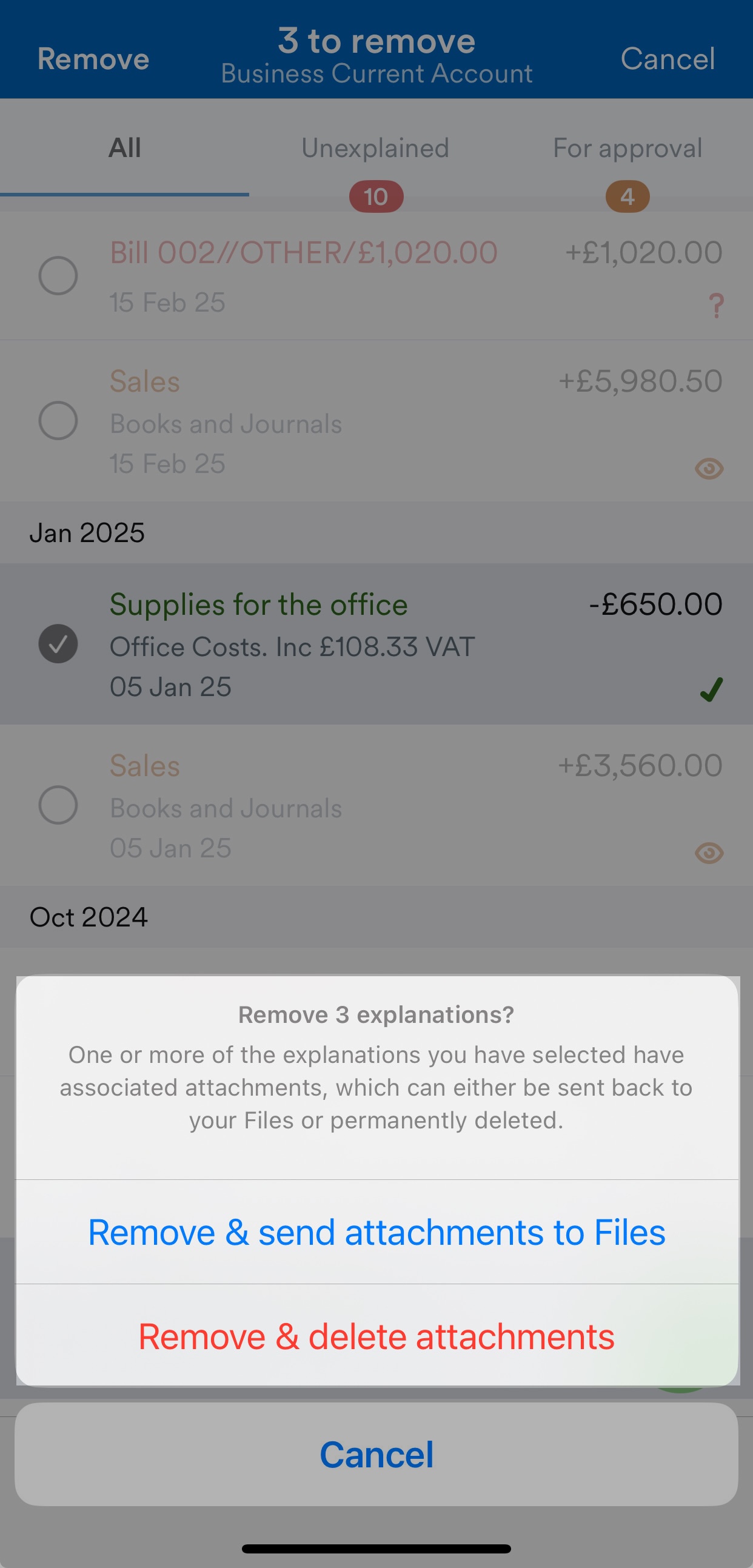 'Remove and send attachment to Files' button on transaction explanation screen.