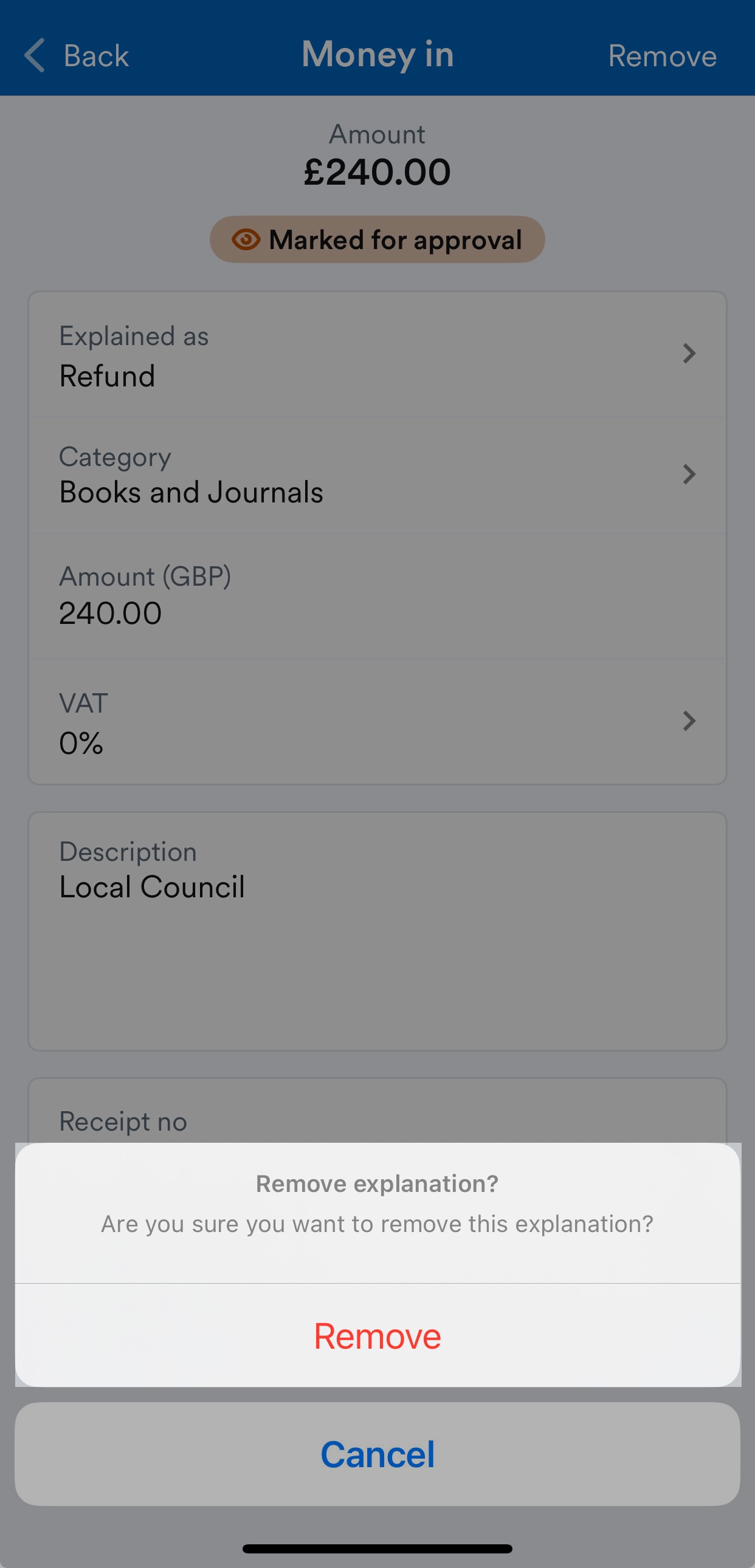 'Remove' button highlighted on transaction for approval page.