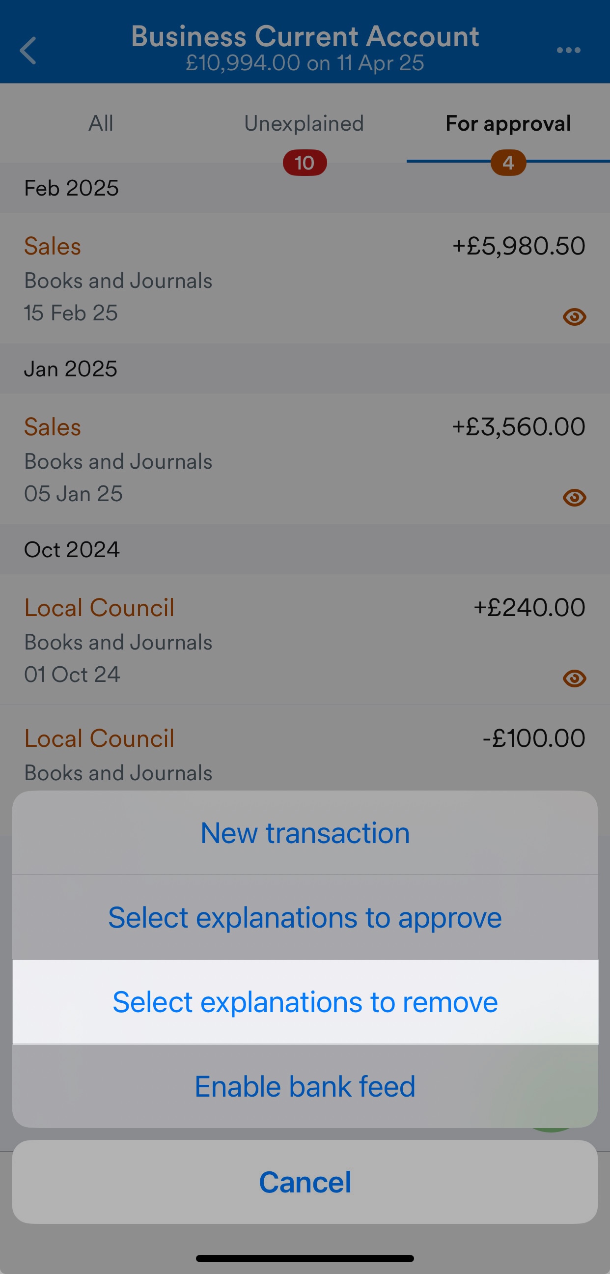 'Select explanations to remove' button highlighted on bank account screen.