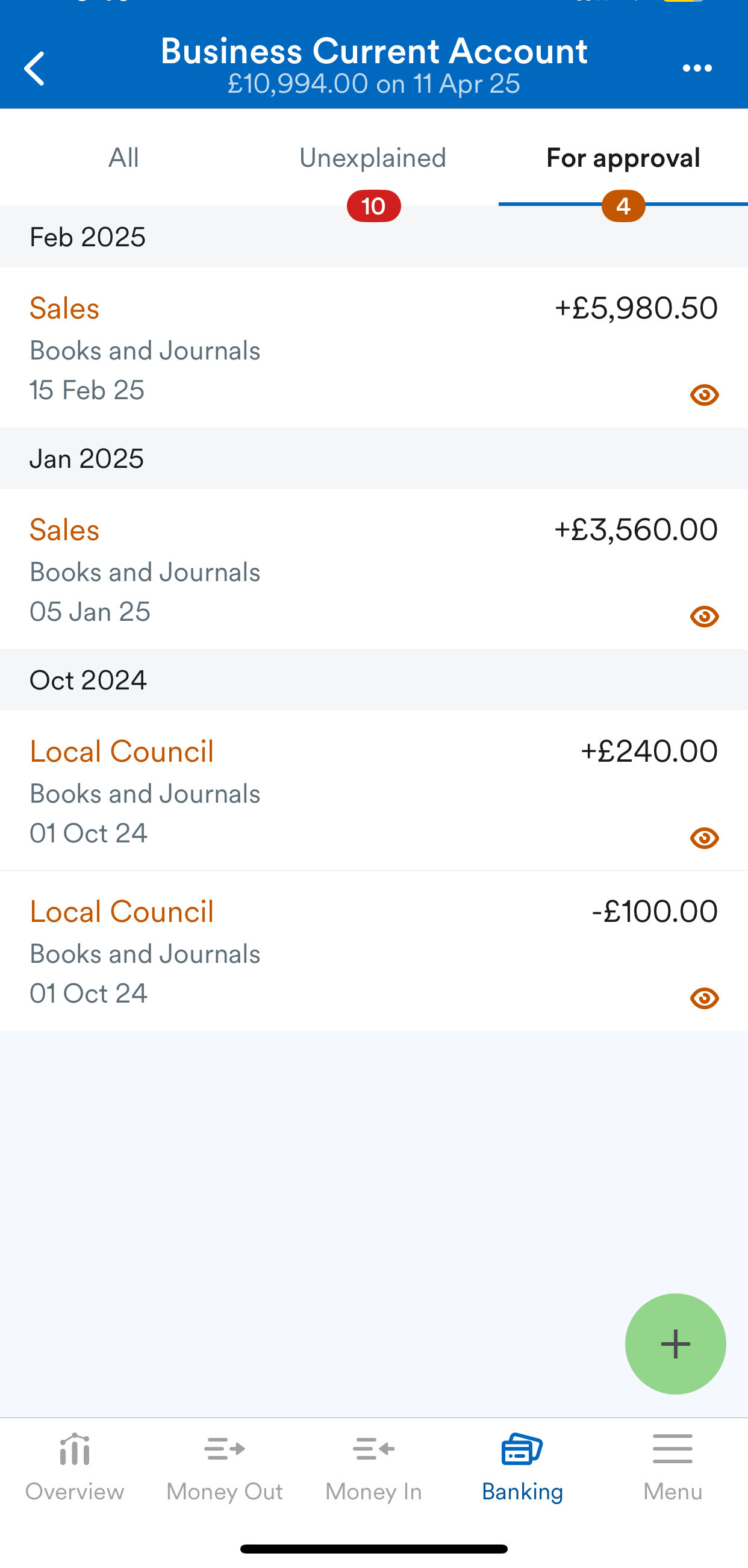 Transaction for approval highlighted on bank account page.