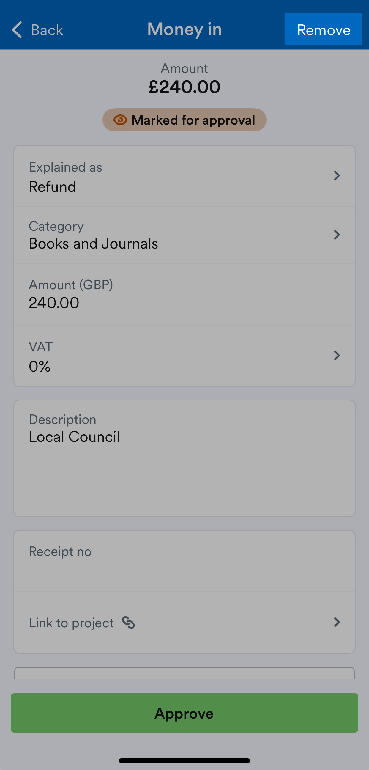 'Remove' button highlighted on transaction explanation page.