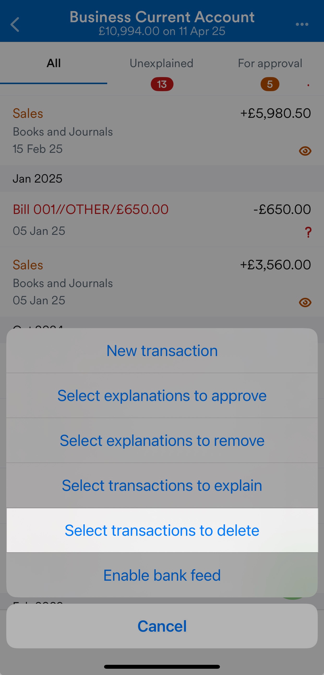 Select transactions to delete highlighted