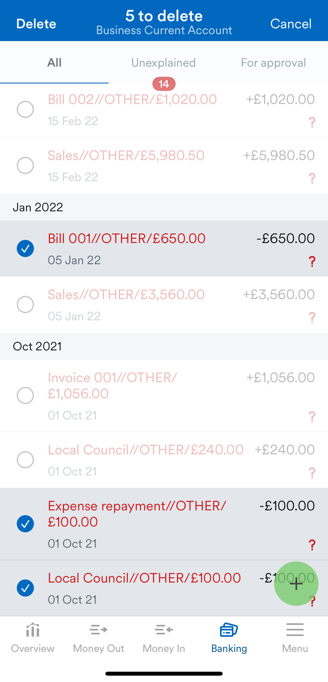 Multiple transactions selected on bank account screen.