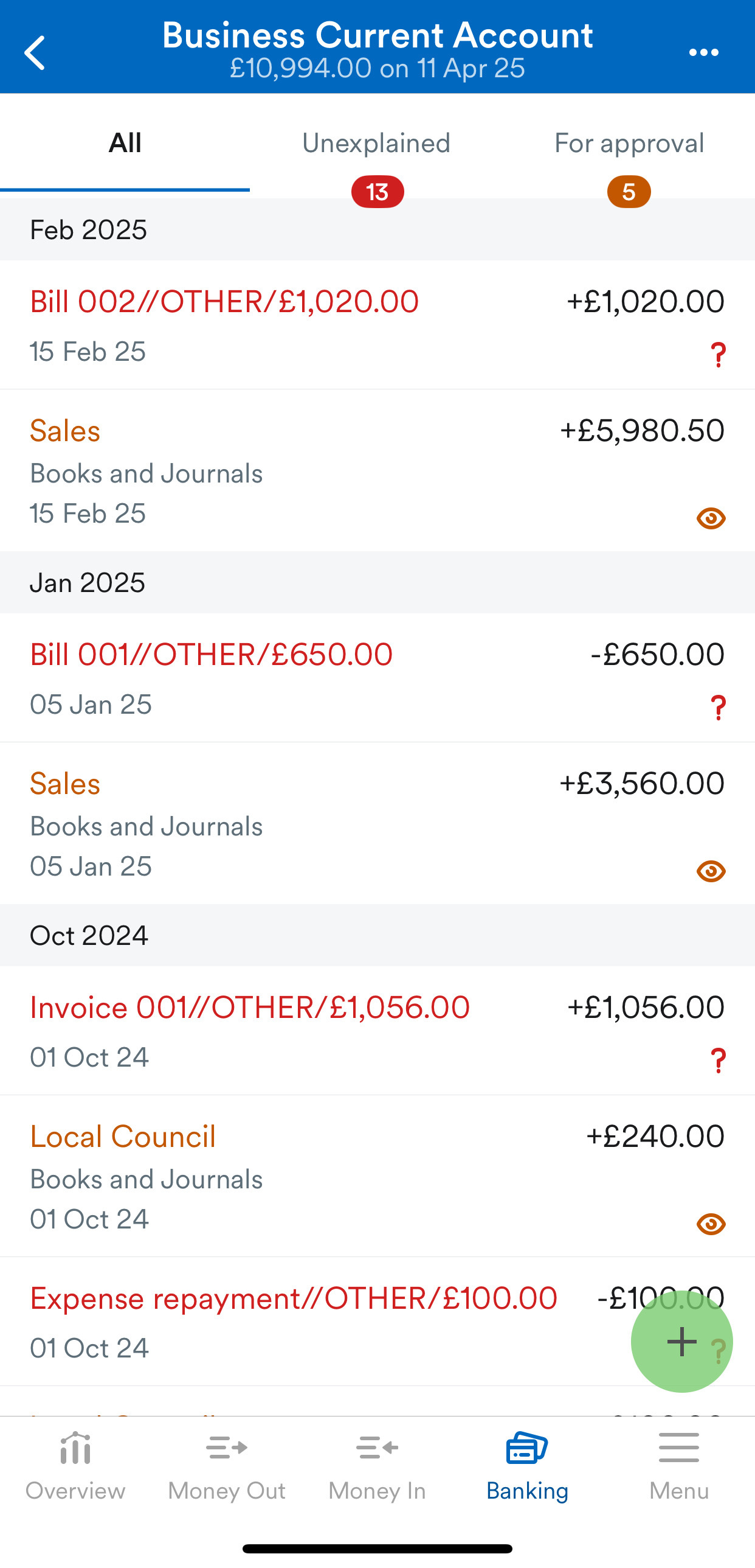 List of bank transactions