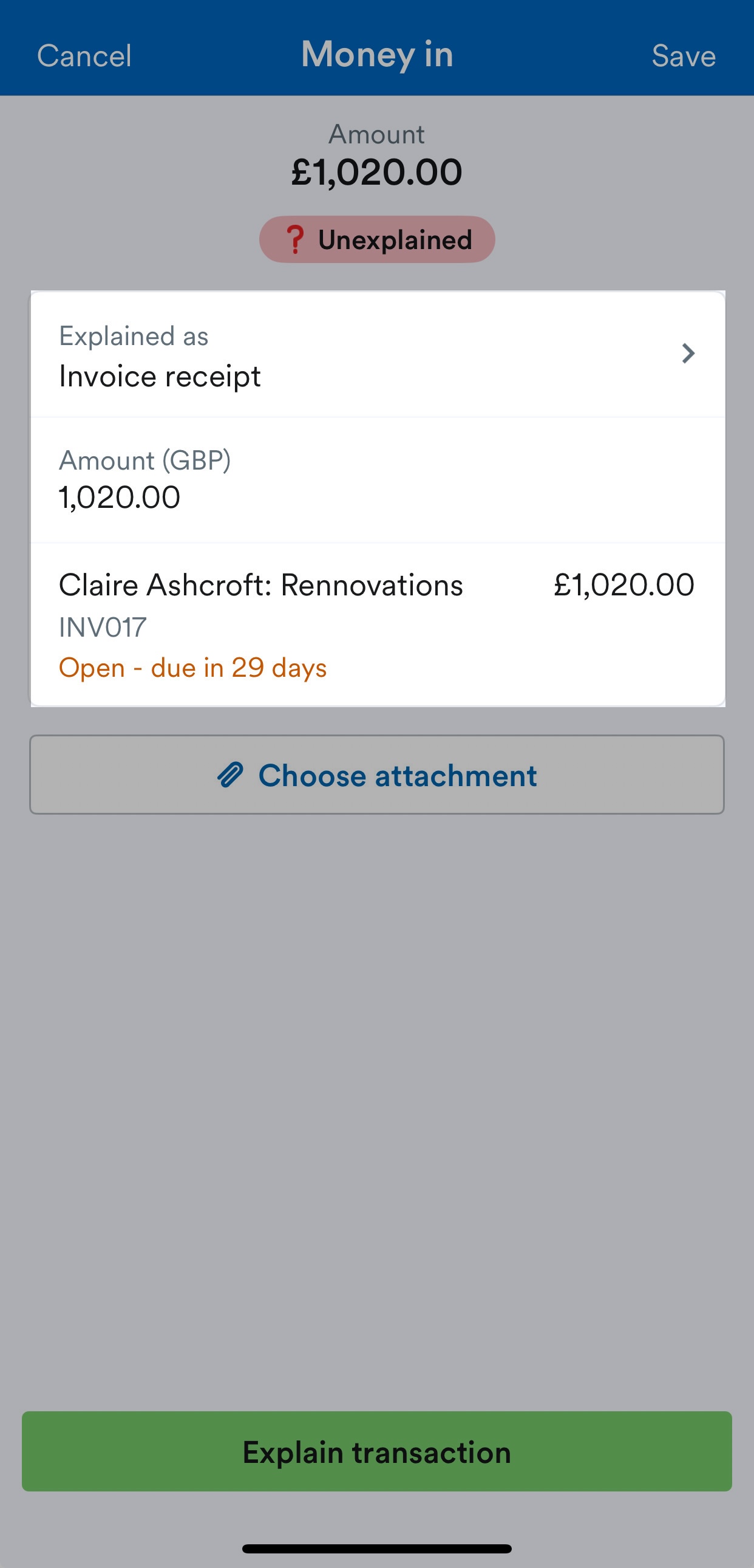 Explained as and invoice fields highlighted on bank transaction