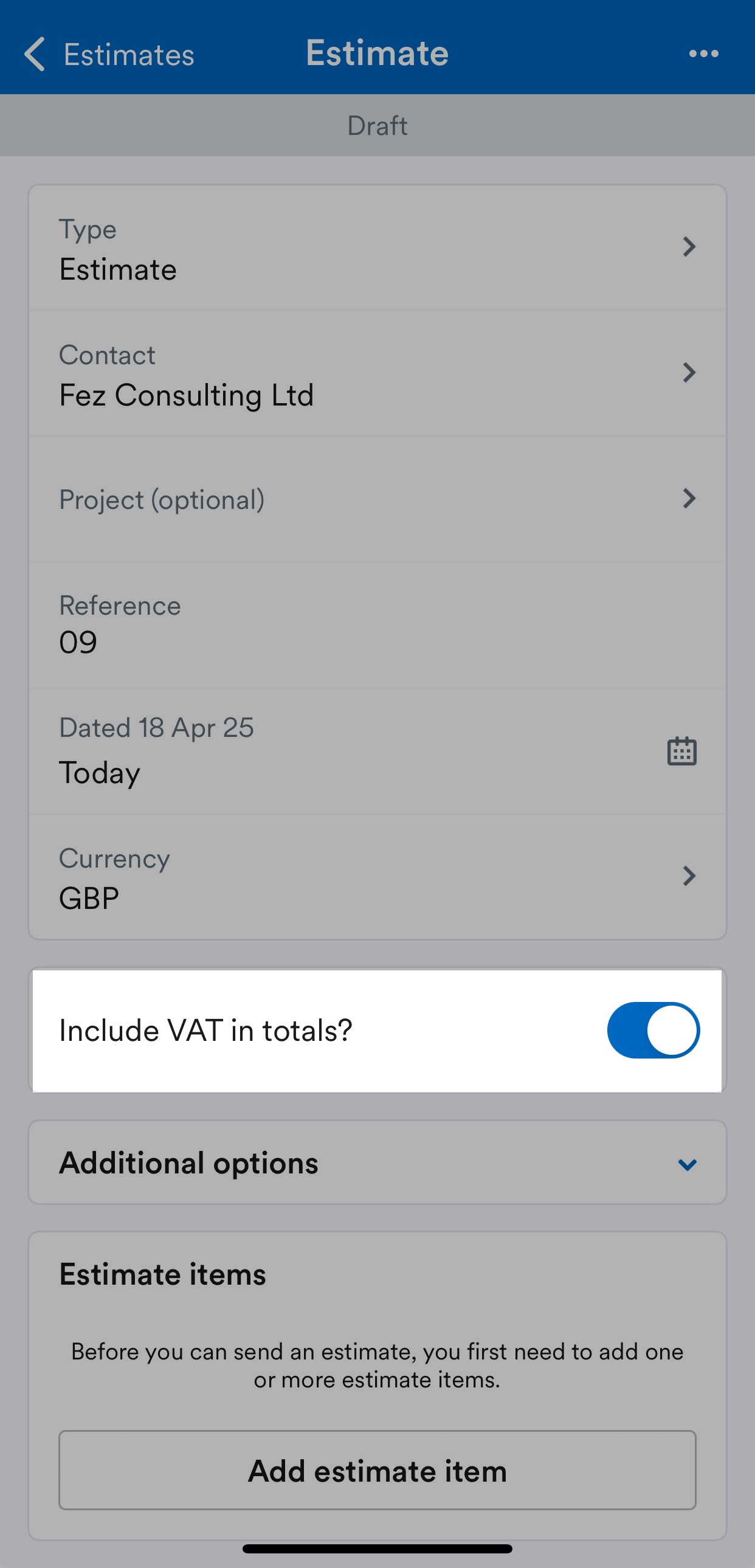 Toggle to 'Include VAT in totals' highlighted on Estimate screen.